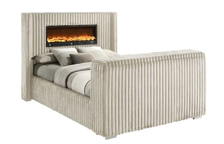 Henley Cream Upholsterd Fireplace TV Panel Bedroom Set - Image 3