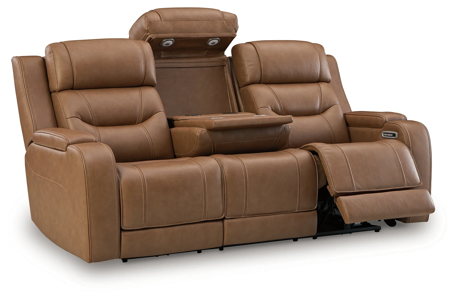 Knightington Caramel Leather Power Reclining Sofa with Audio Seating - Image 3