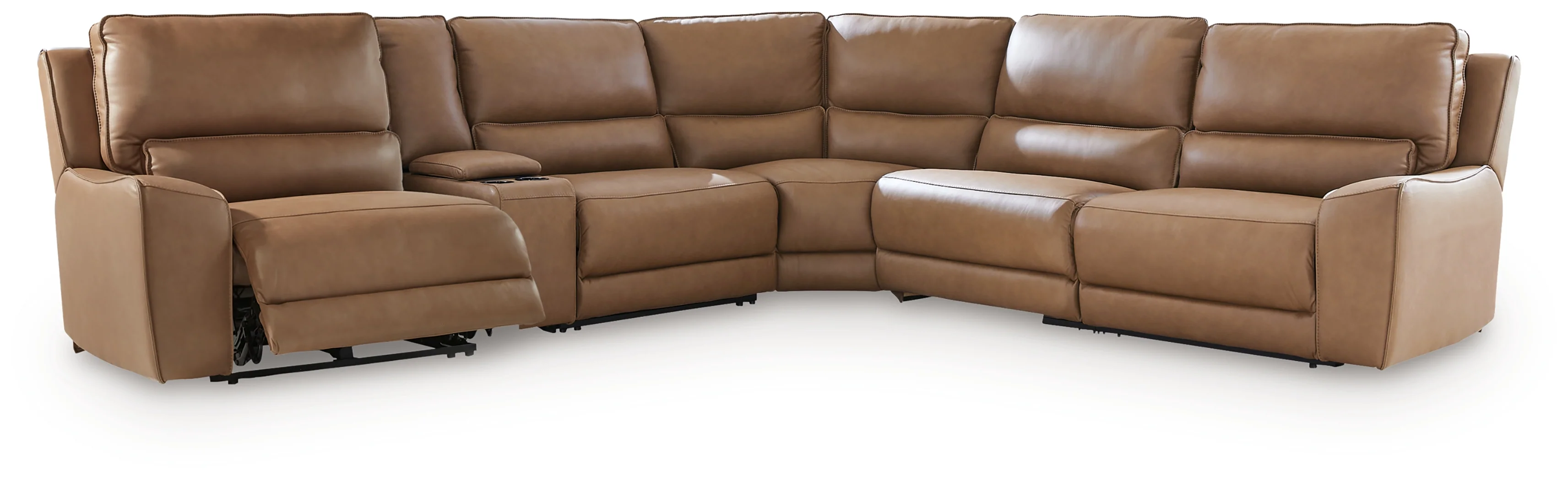 DeepWakes Caramel Leather 6-Piece Reclining Sectional with Storage Console - Image 3