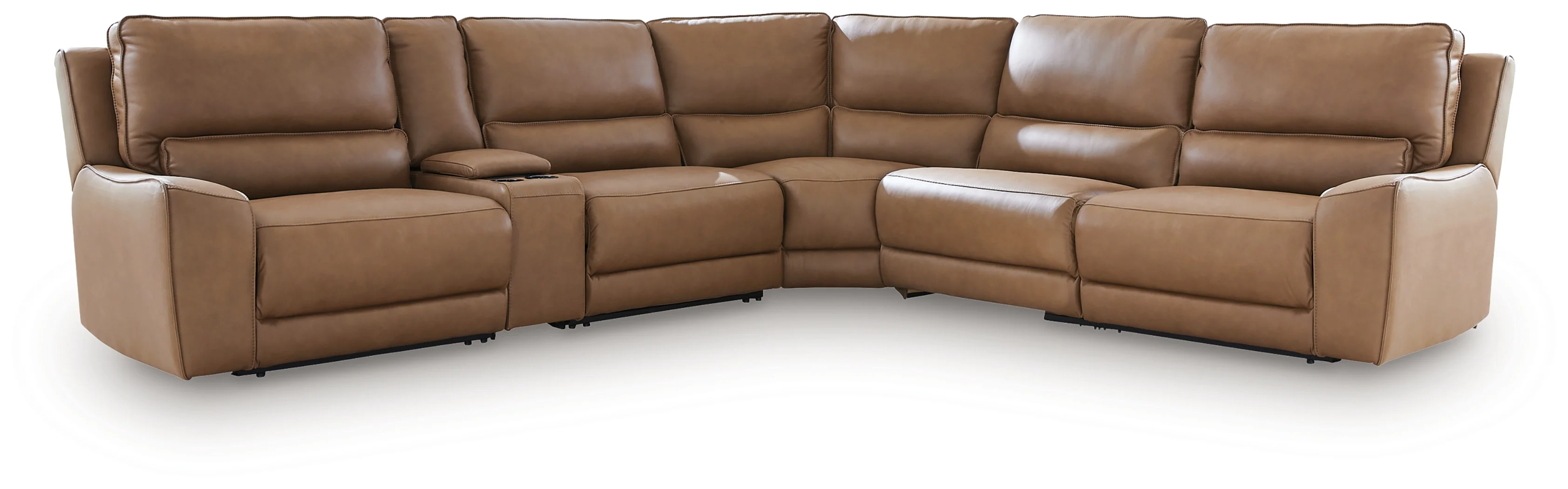 DeepWakes Caramel Leather 6-Piece Reclining Sectional with Storage Console - Image 2