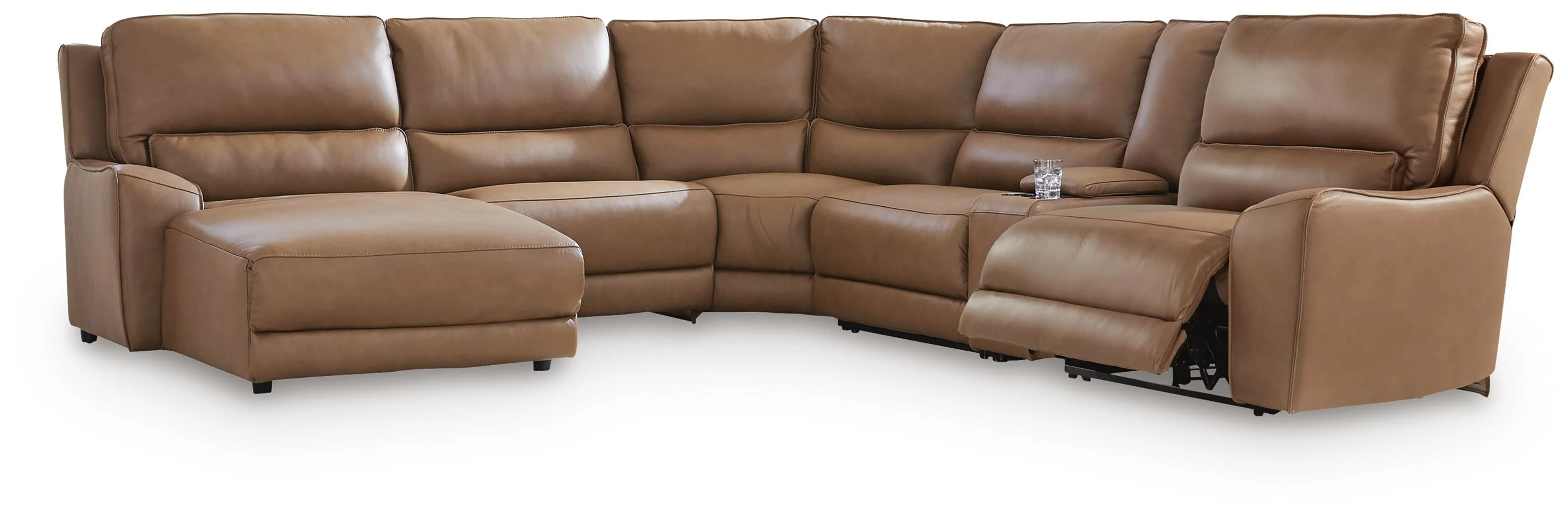 DeepWakes Caramel Leather 6-Piece Power Reclining Sectional with Chaise - Image 3