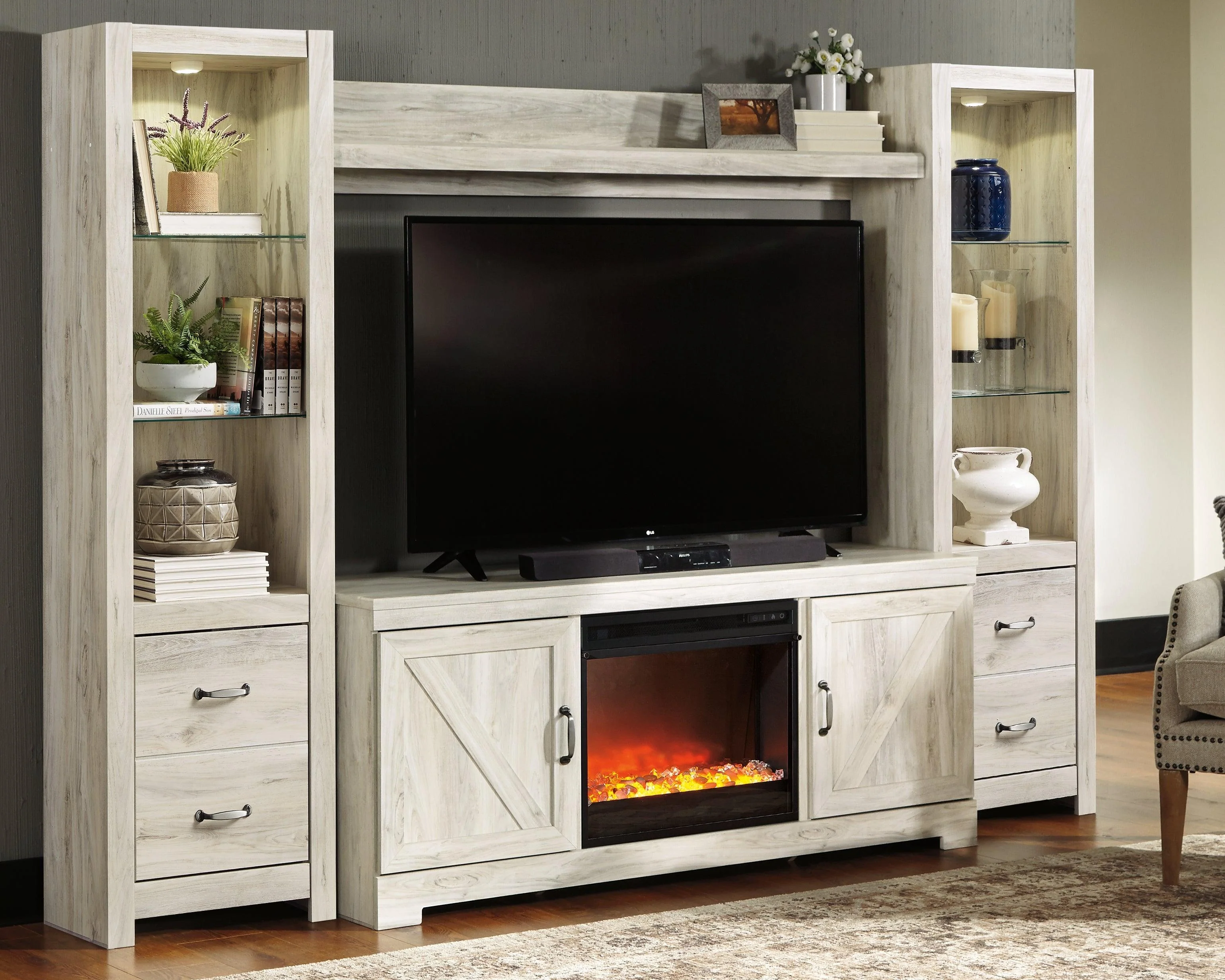 Bellaby Whitewash 4-Piece Entertainment Center With Fireplace - Image 3