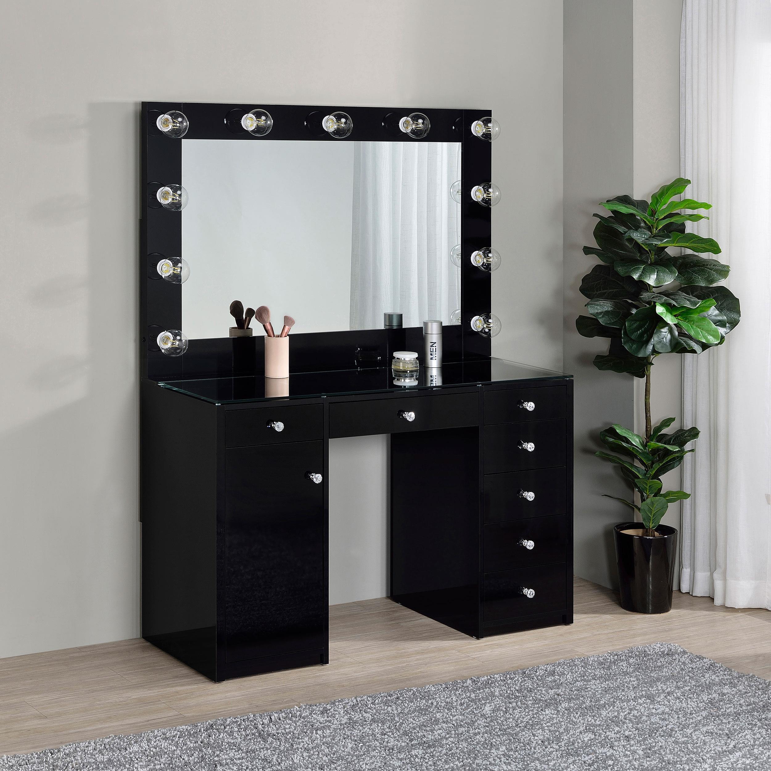 Acena 7 Drawer Vanity Set With Lighting Black High Gloss - Image 2