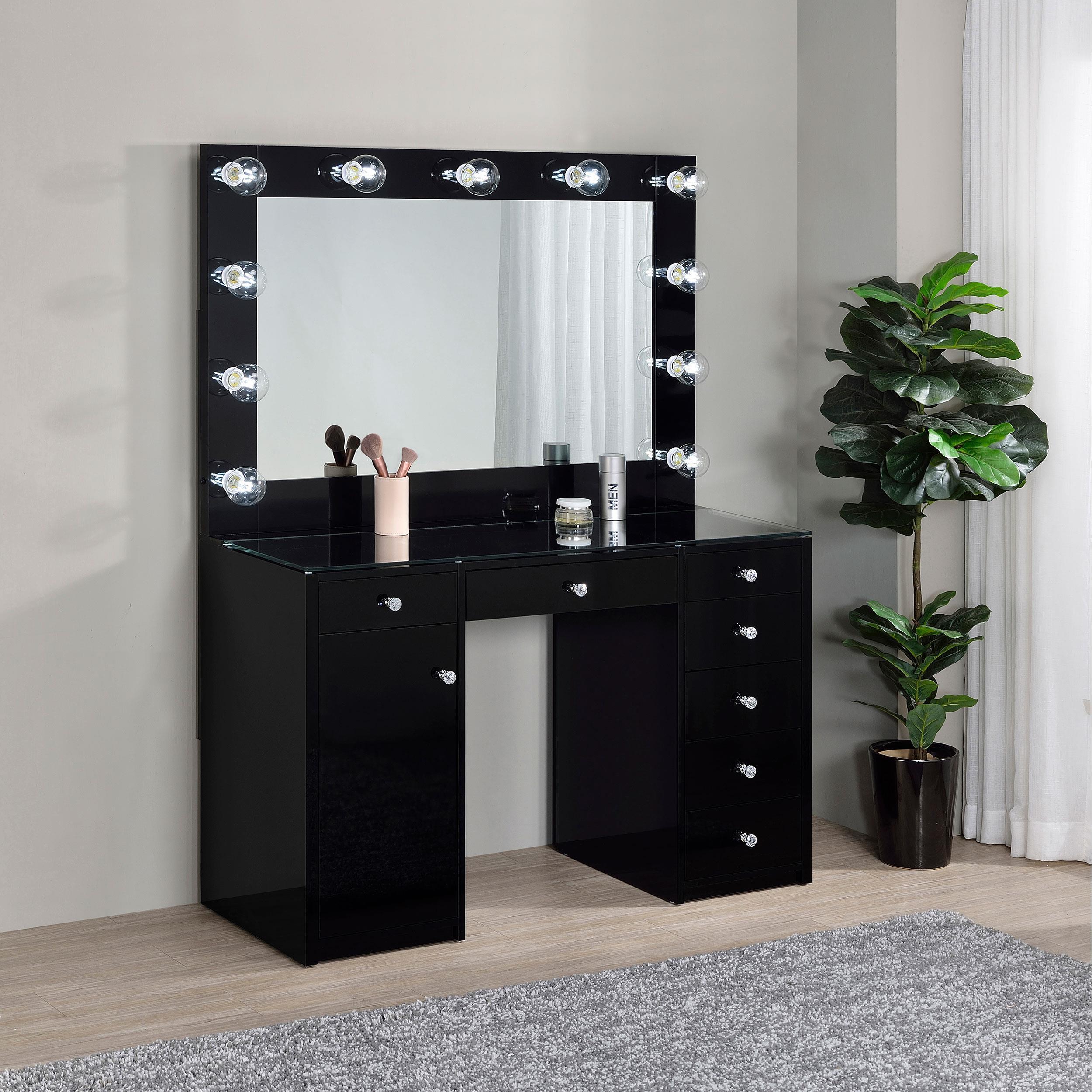 Acena 7 Drawer Vanity Set With Lighting Black High Gloss - Image 3