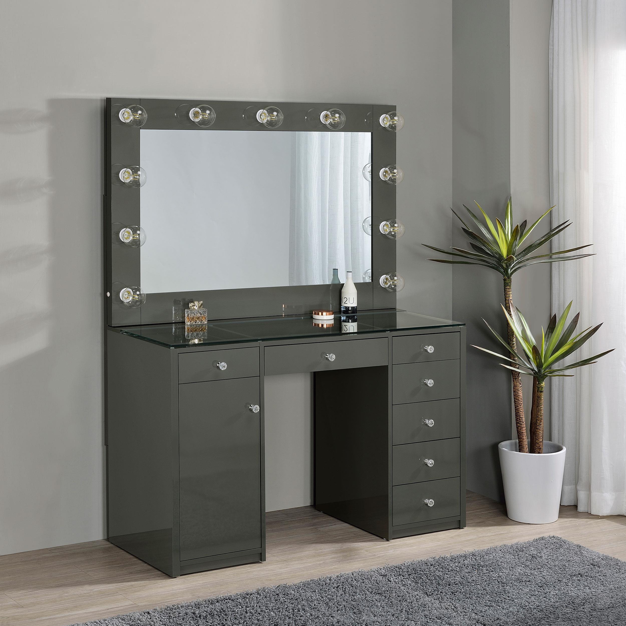 Acena 7 Drawer Vanity Set With Lighting Gray High Gloss - Image 2