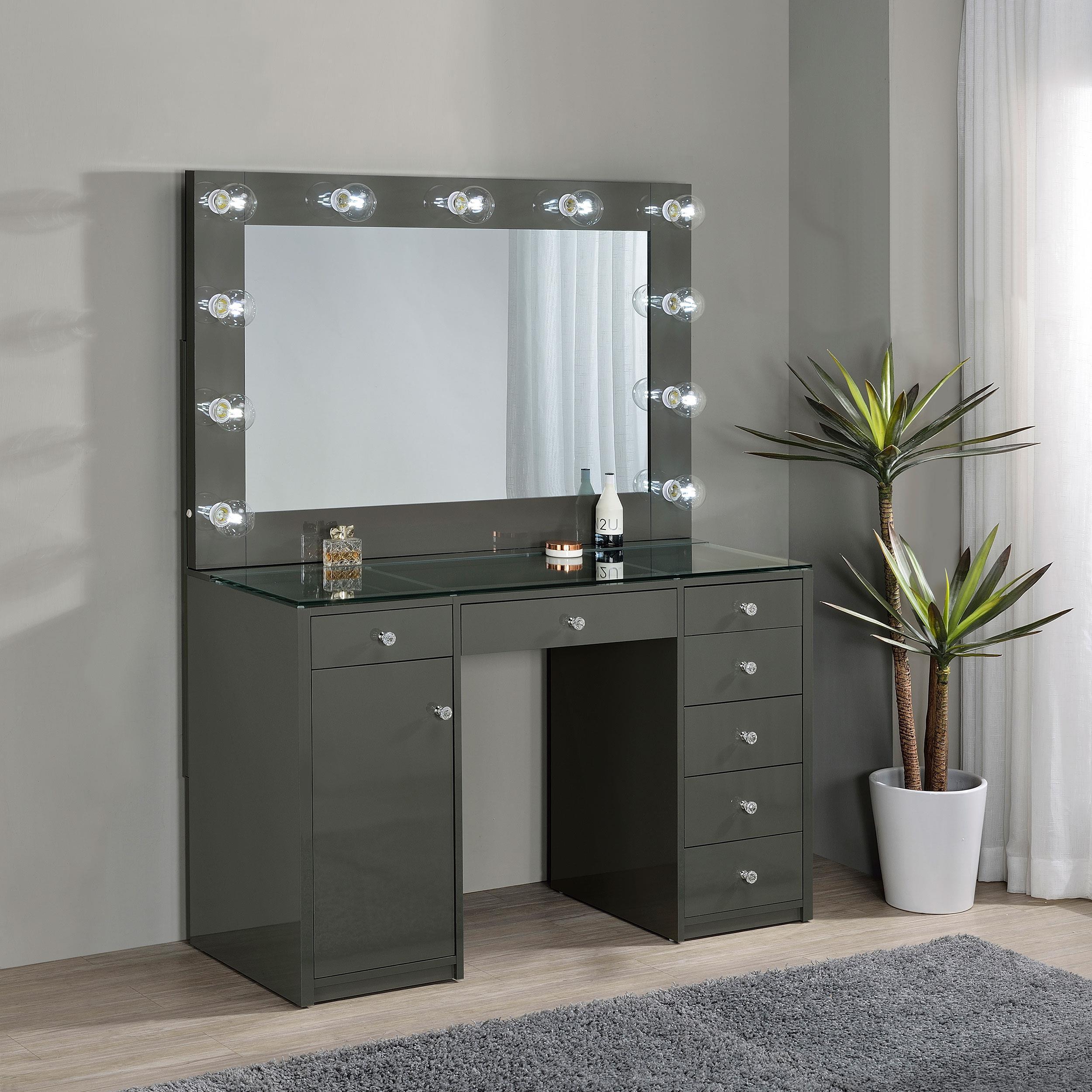 Acena 7 Drawer Vanity Set With Lighting Gray High Gloss - Image 3