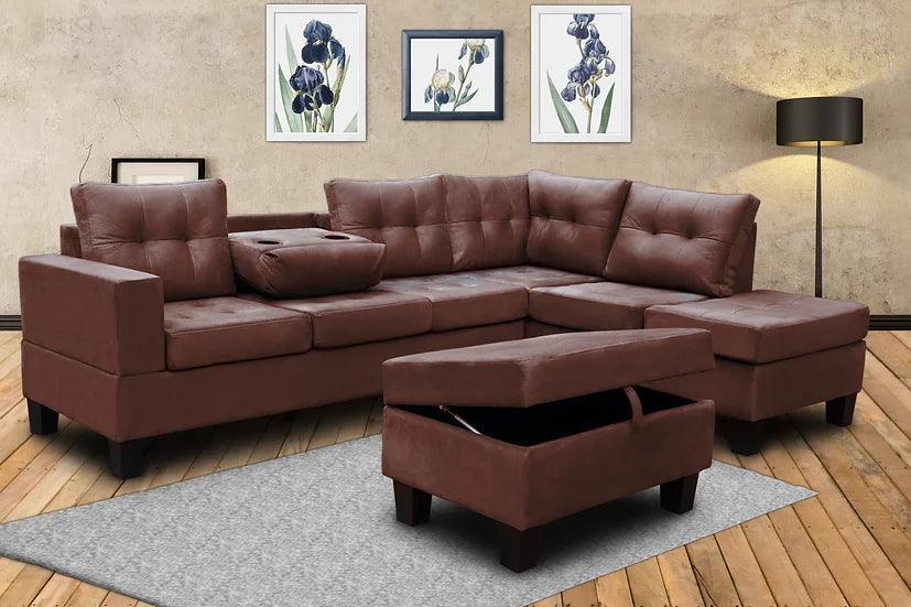 Allen Parkway Brown Tufted 3-Piece Sectional With Storage Ottoman