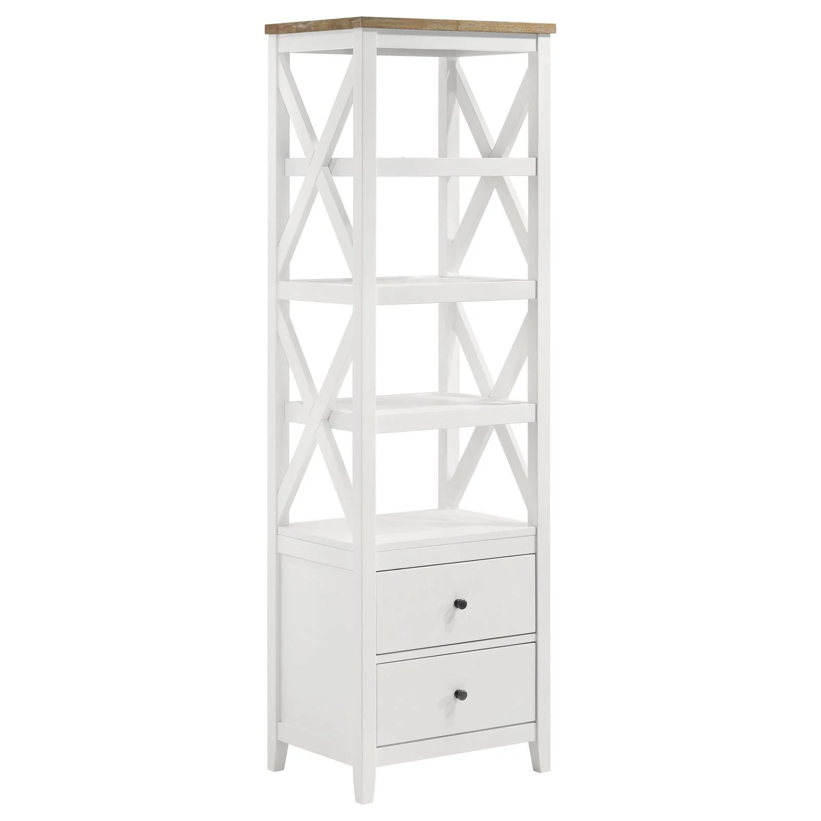 Angela 4 Shelf Wooden Media Tower With Drawers Brown White