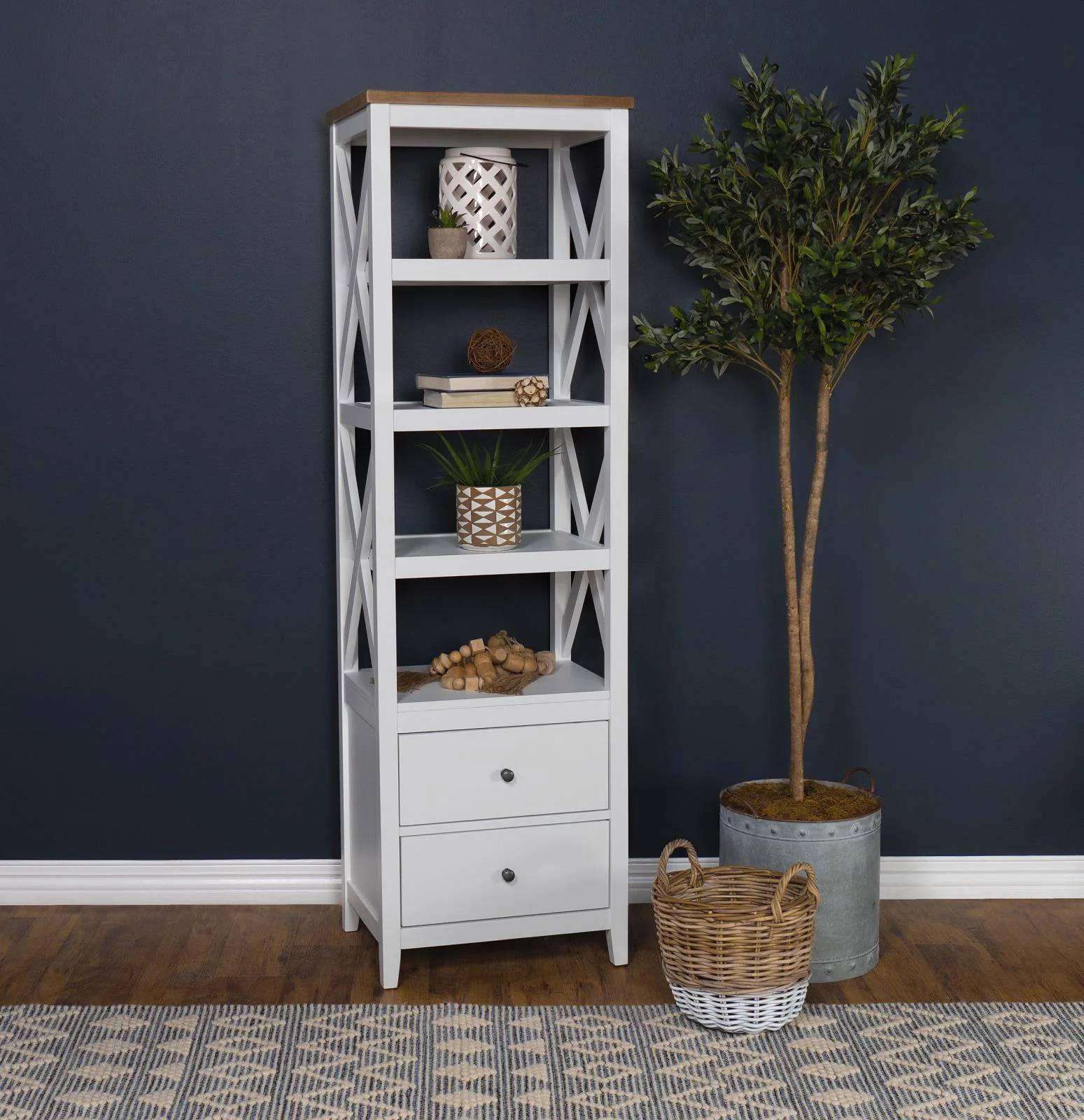Angela 4 Shelf Wooden Media Tower With Drawers Brown White - Image 2