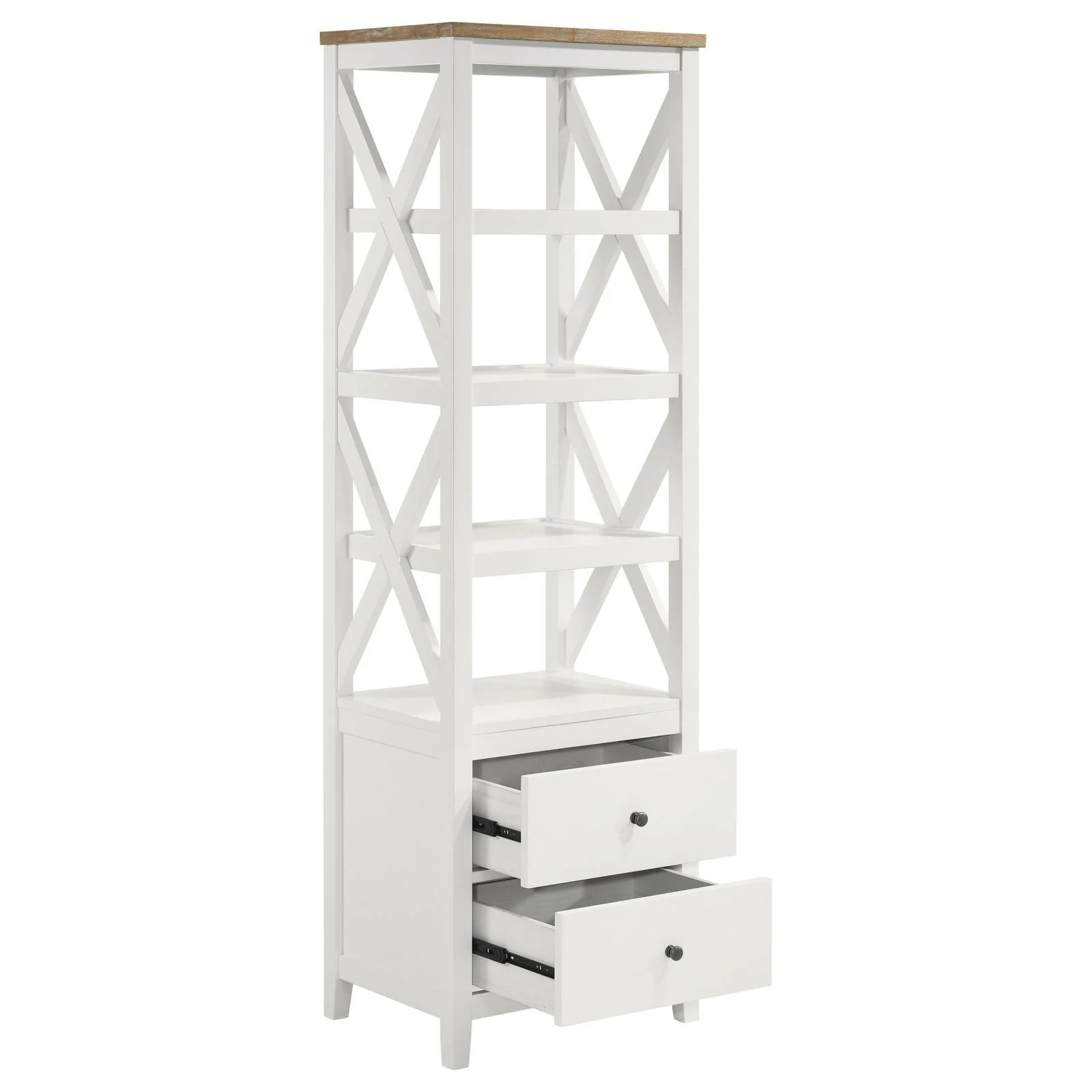Angela 4 Shelf Wooden Media Tower With Drawers Brown White - Image 3