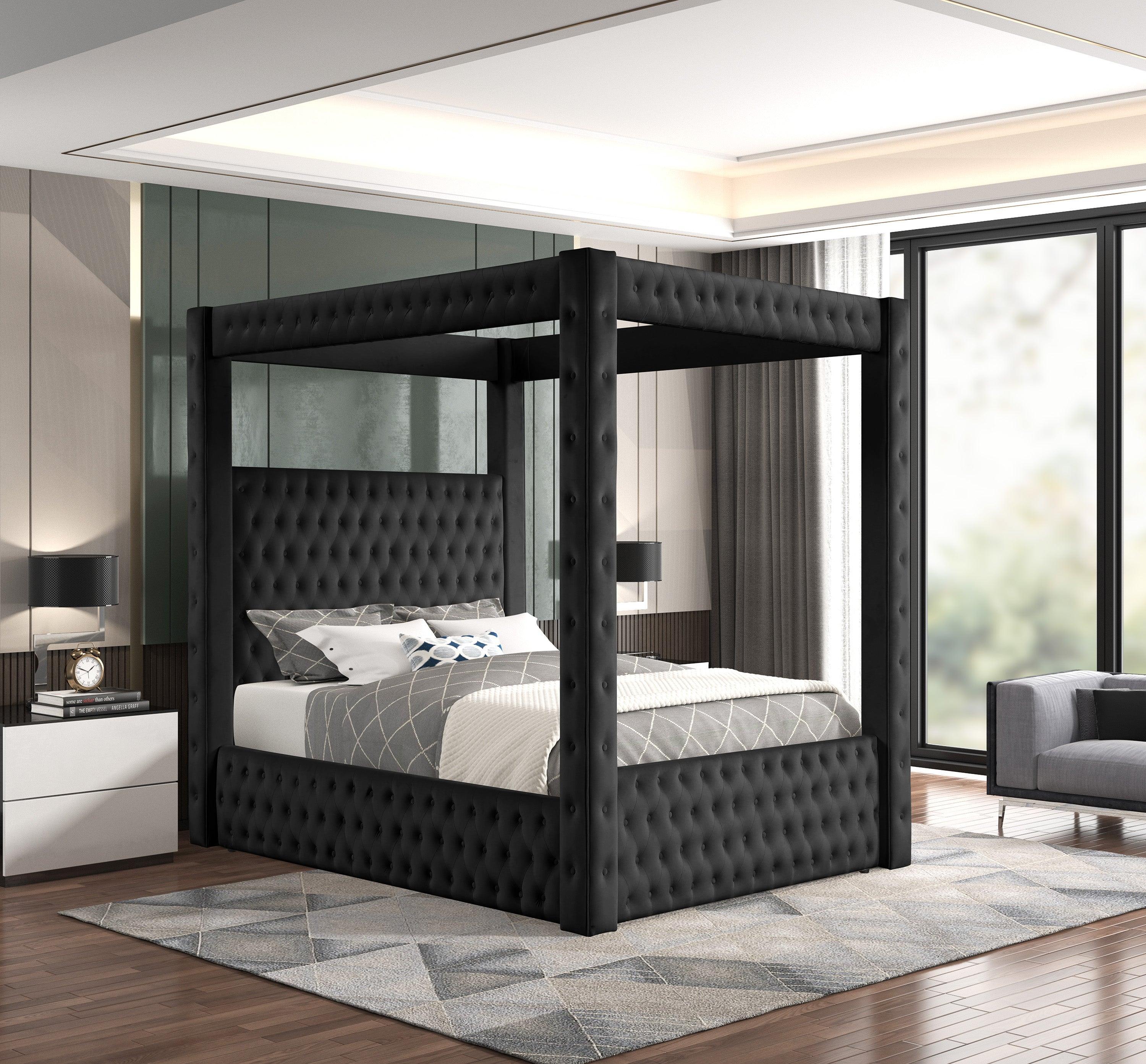 Annabelle Black Velvet Upholstered Tufted Canopy Panel Queen Bed - Image 2