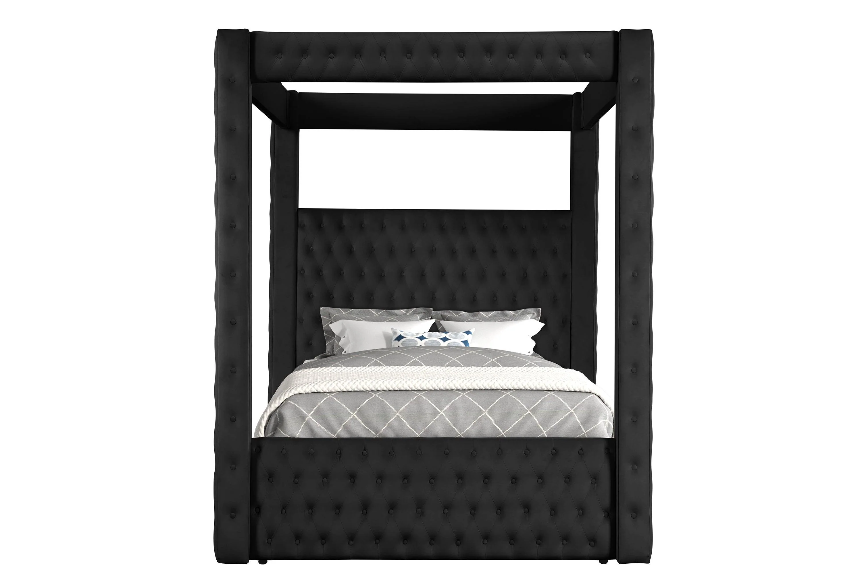 Annabelle Black Velvet Upholstered Tufted Canopy Panel Queen Bed - Image 3