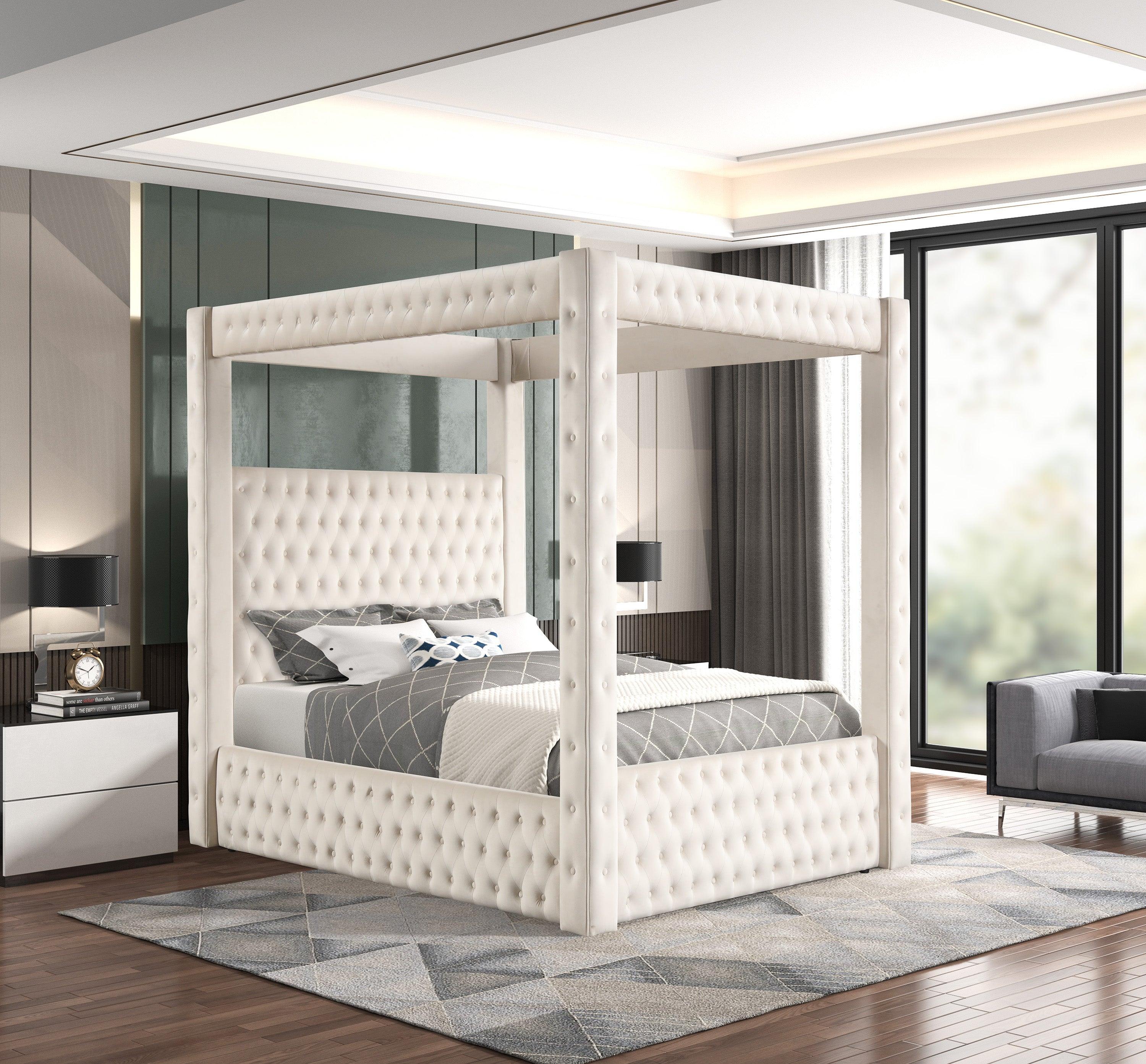 Annabelle Ivory Velvet Upholstered Tufted Canopy Panel King Bed - Image 2