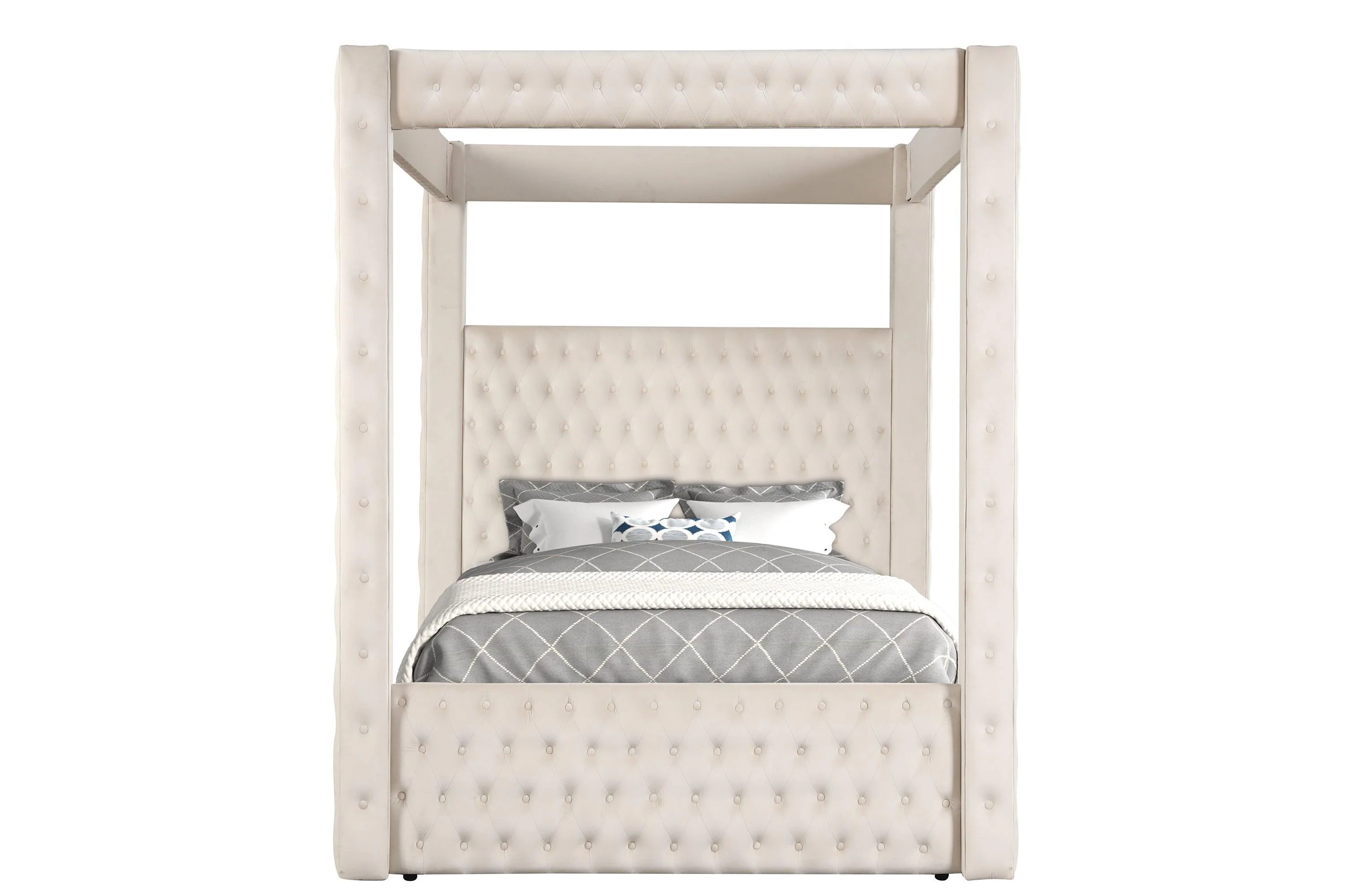 Annabelle Ivory Velvet Upholstered Tufted Canopy Panel King Bed - Image 3