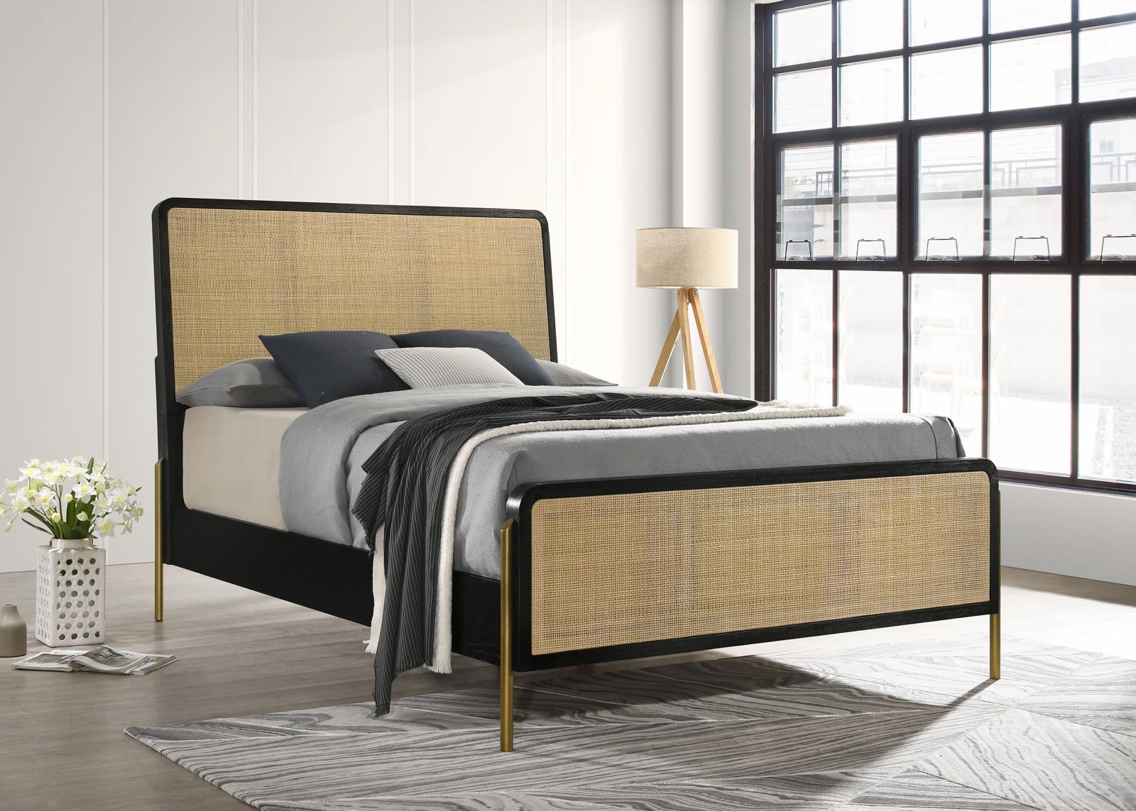 Arini Queen Bed With Woven Rattan Headboard Black Natural