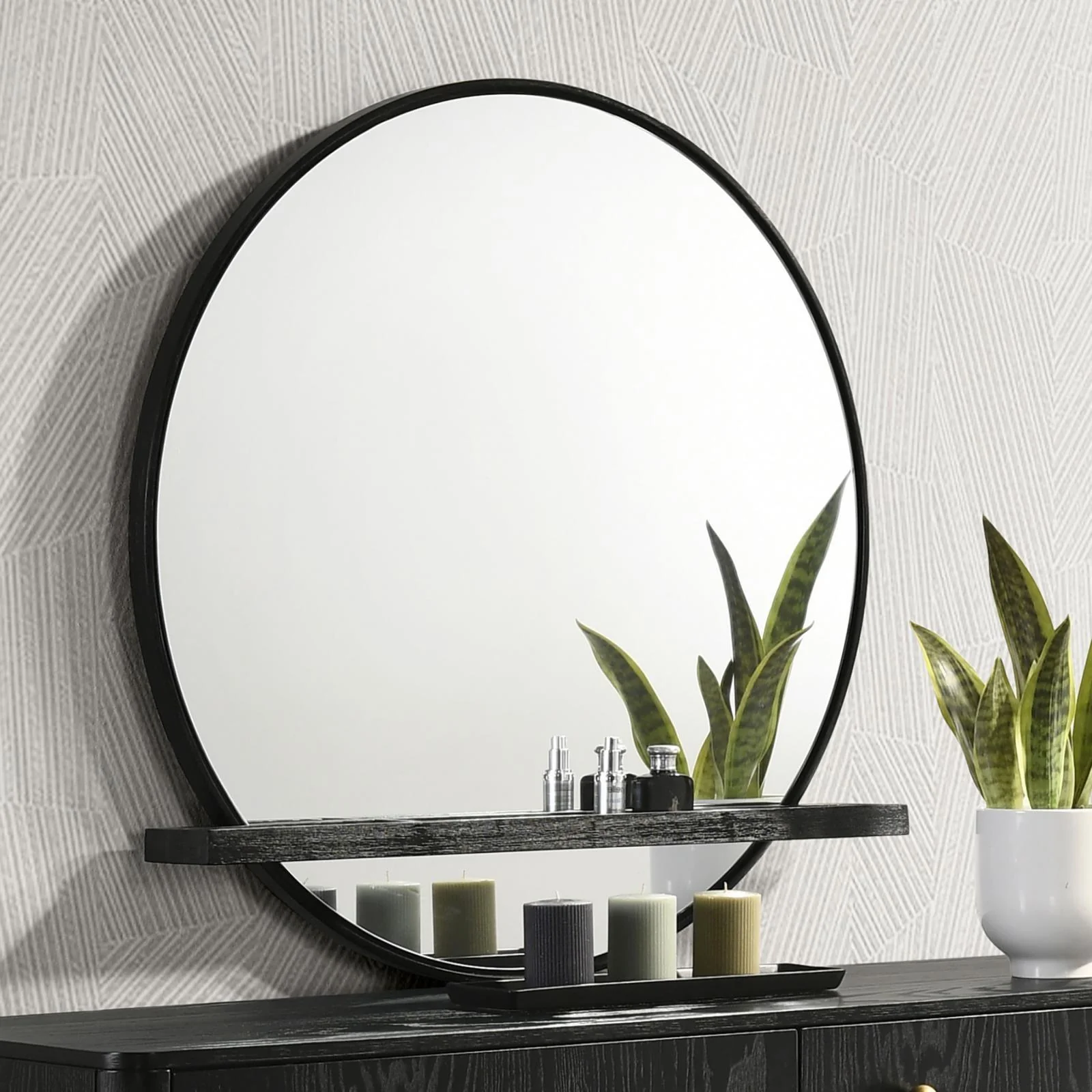 Arini Round Dresser Mirror With Shelf Black - Image 2