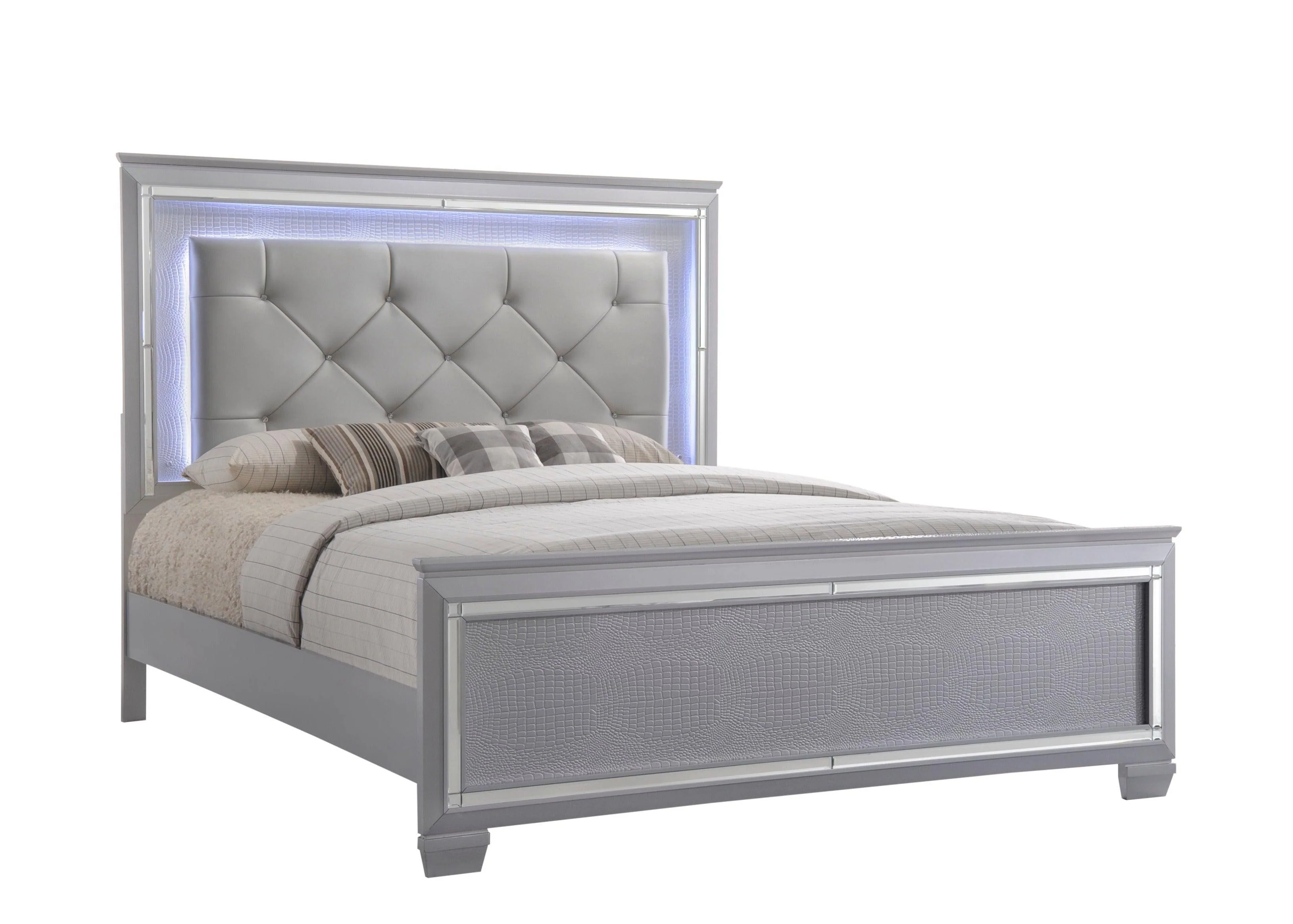 Lillian Silver LED Faux Leather Upholestered Tufted Panel King Bed - Image 3
