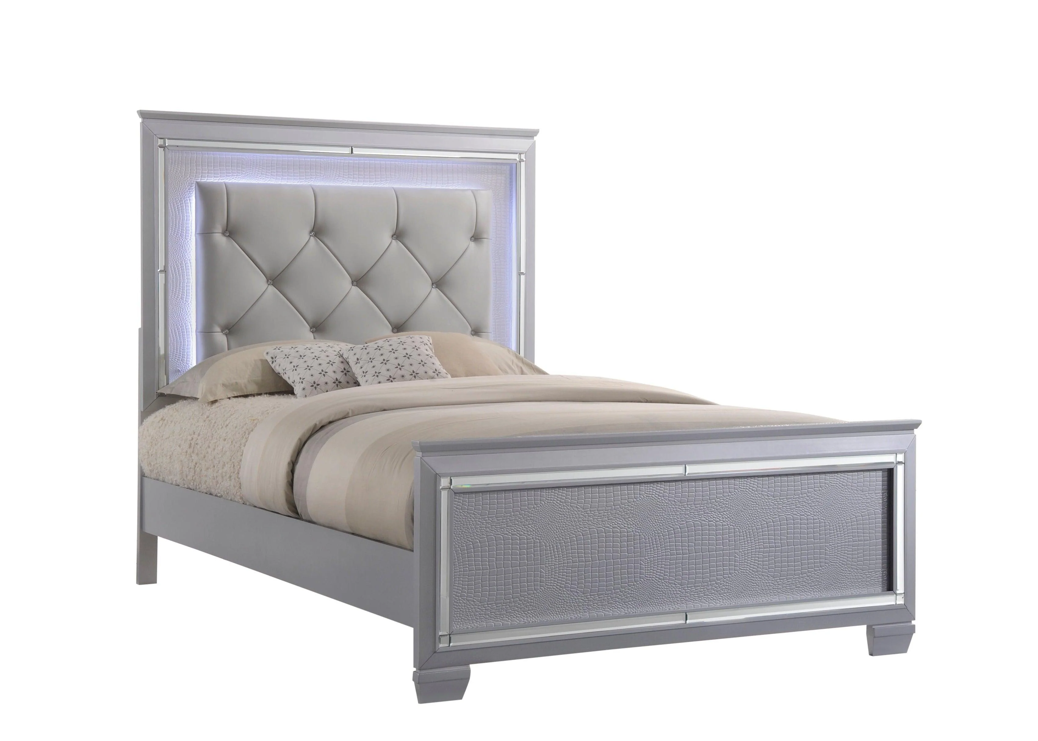 Lillian Silver LED Faux Leather Upholestered Tufted Panel Queen Bed - Image 3