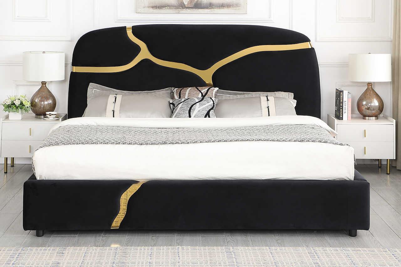 Milan Black Gold Upholstered Platform King Bed - Image 1