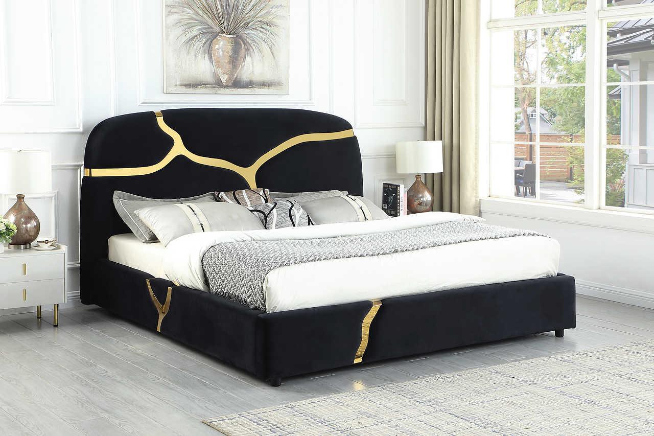 Milan Black Gold Upholstered Platform King Bed - Image 2