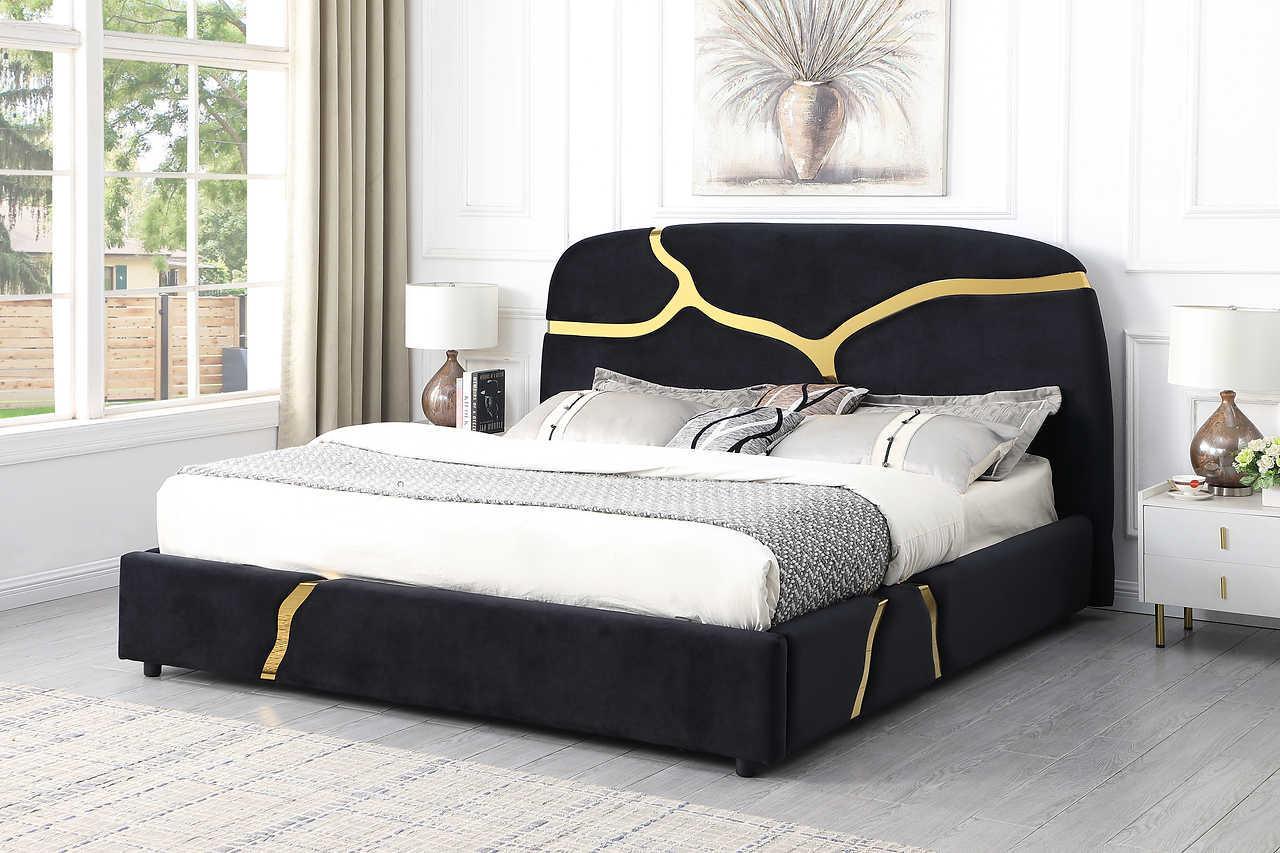 Milan Black Gold Upholstered Platform Queen Bed - Image 3