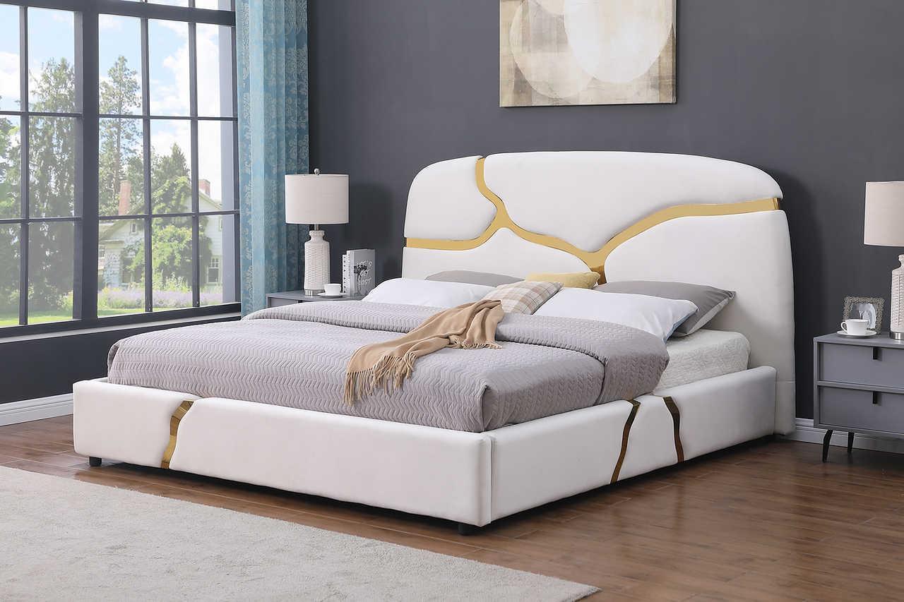 Milan White Gold Upholstered Platform King Bed - Image 3