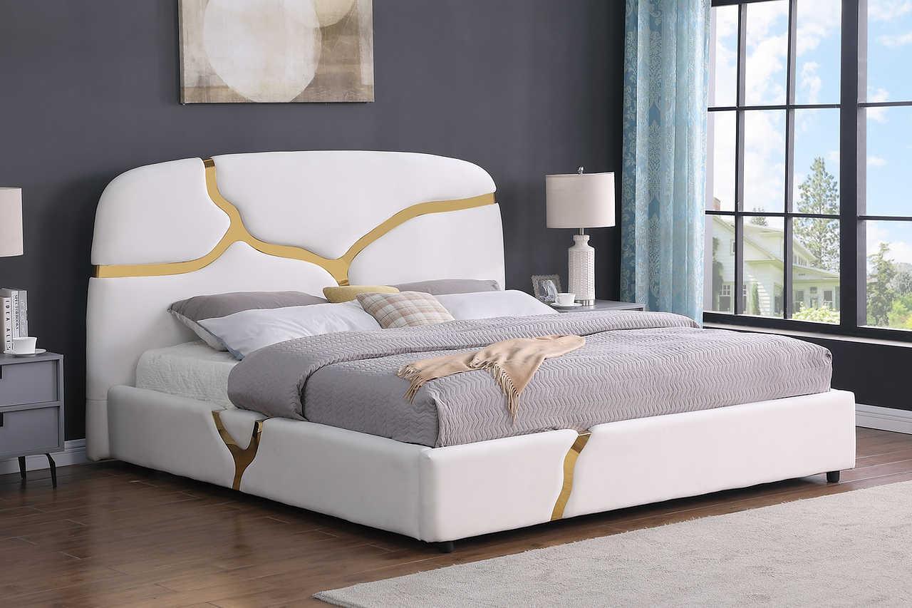 Milan White Gold Upholstered Platform Queen Bed - Image 2