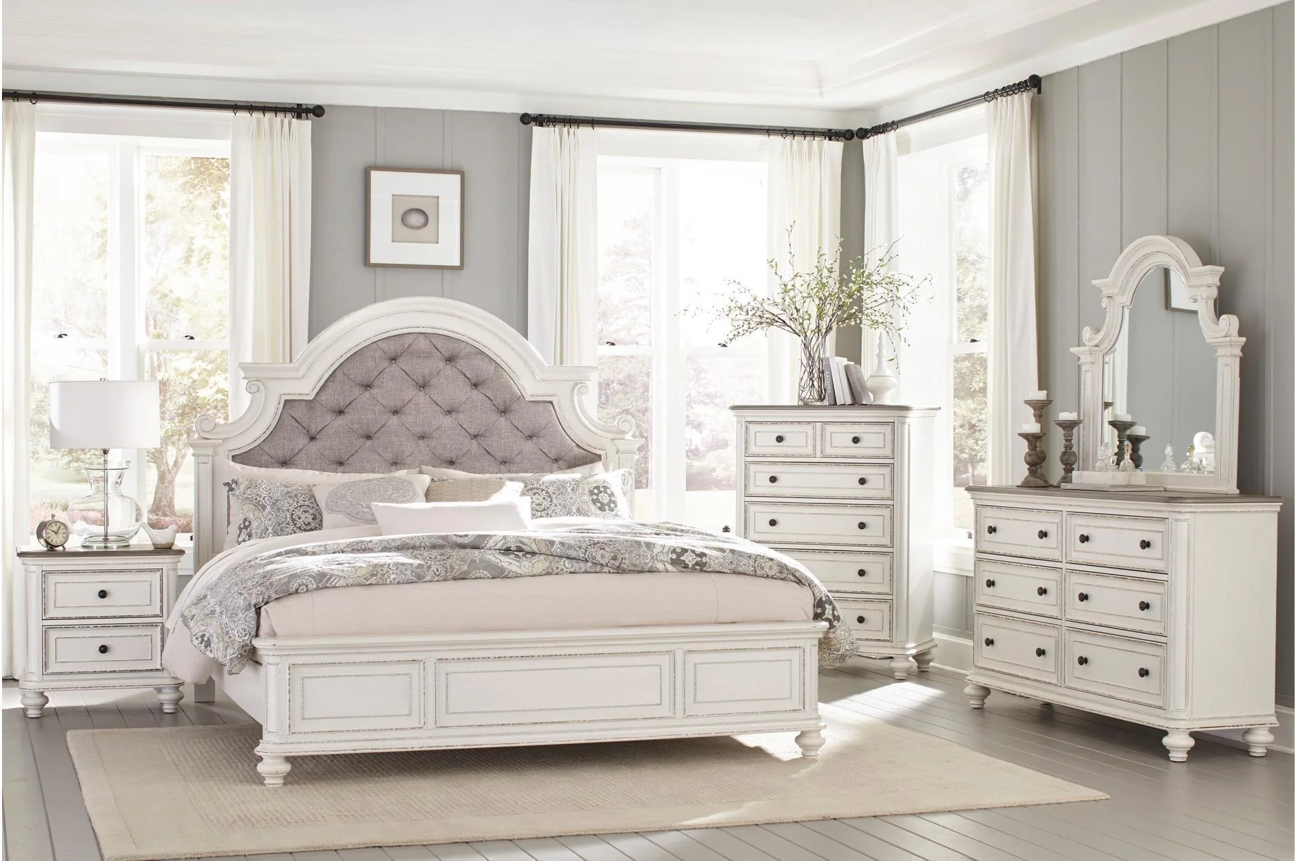 Baylesford Antique White Fabric Tufted Panel Bedroom Set
