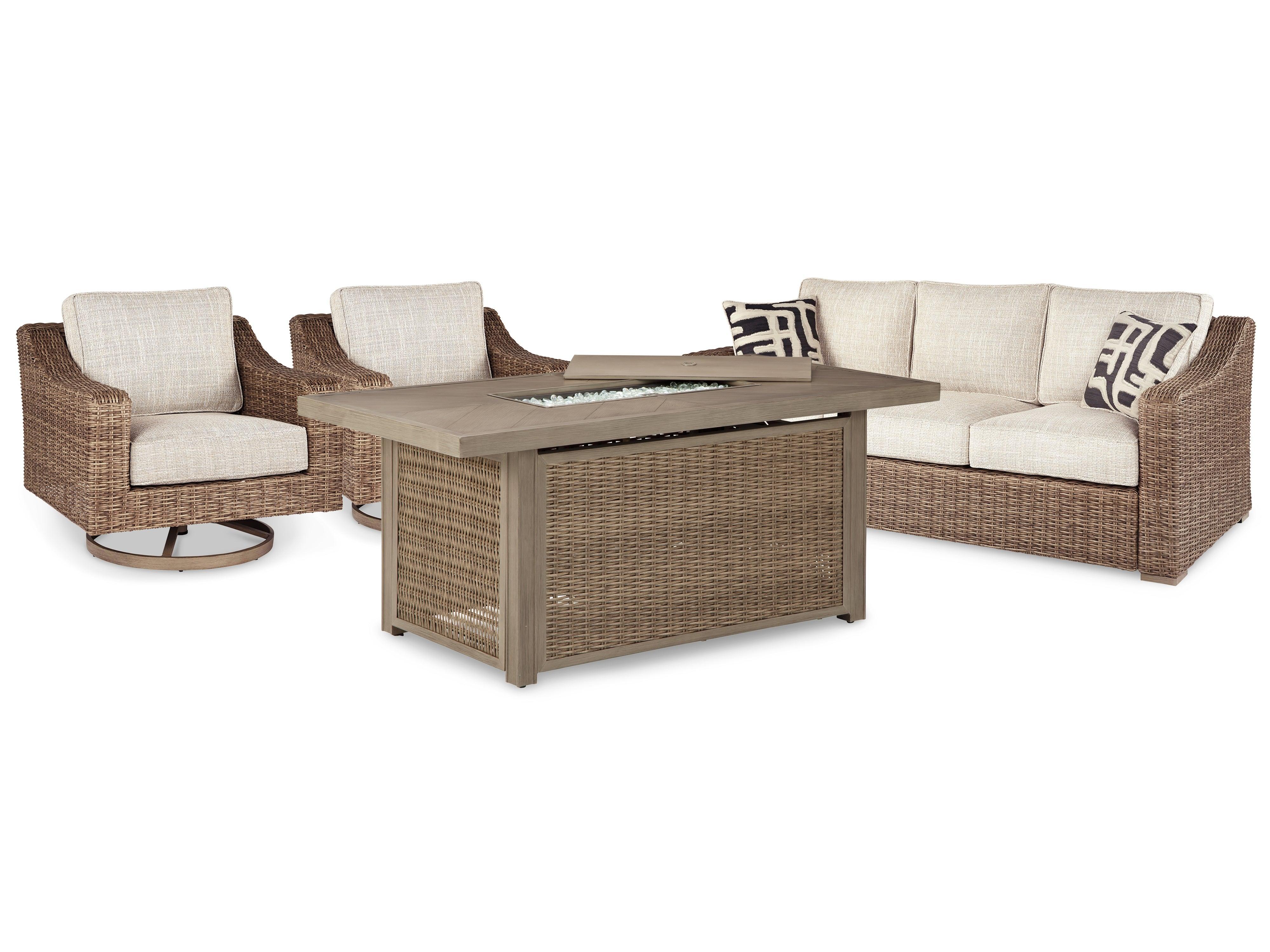 Beachcroft Beige Outdoor Sofa And 2 Lounge Chairs With Fire Pit Table - Image 2