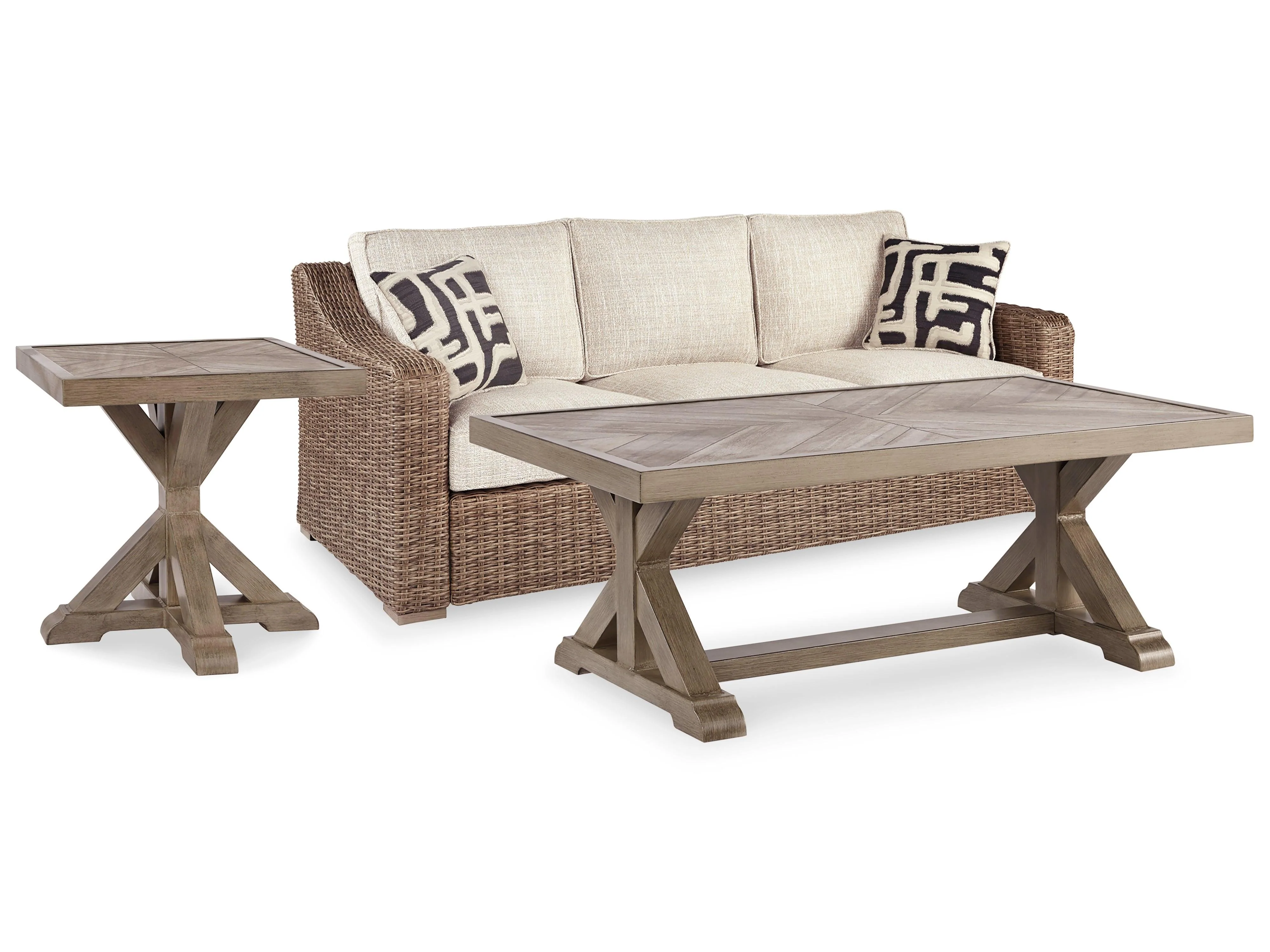 Beachcroft Beige Outdoor Sofa With Coffee Table And End - Image 2