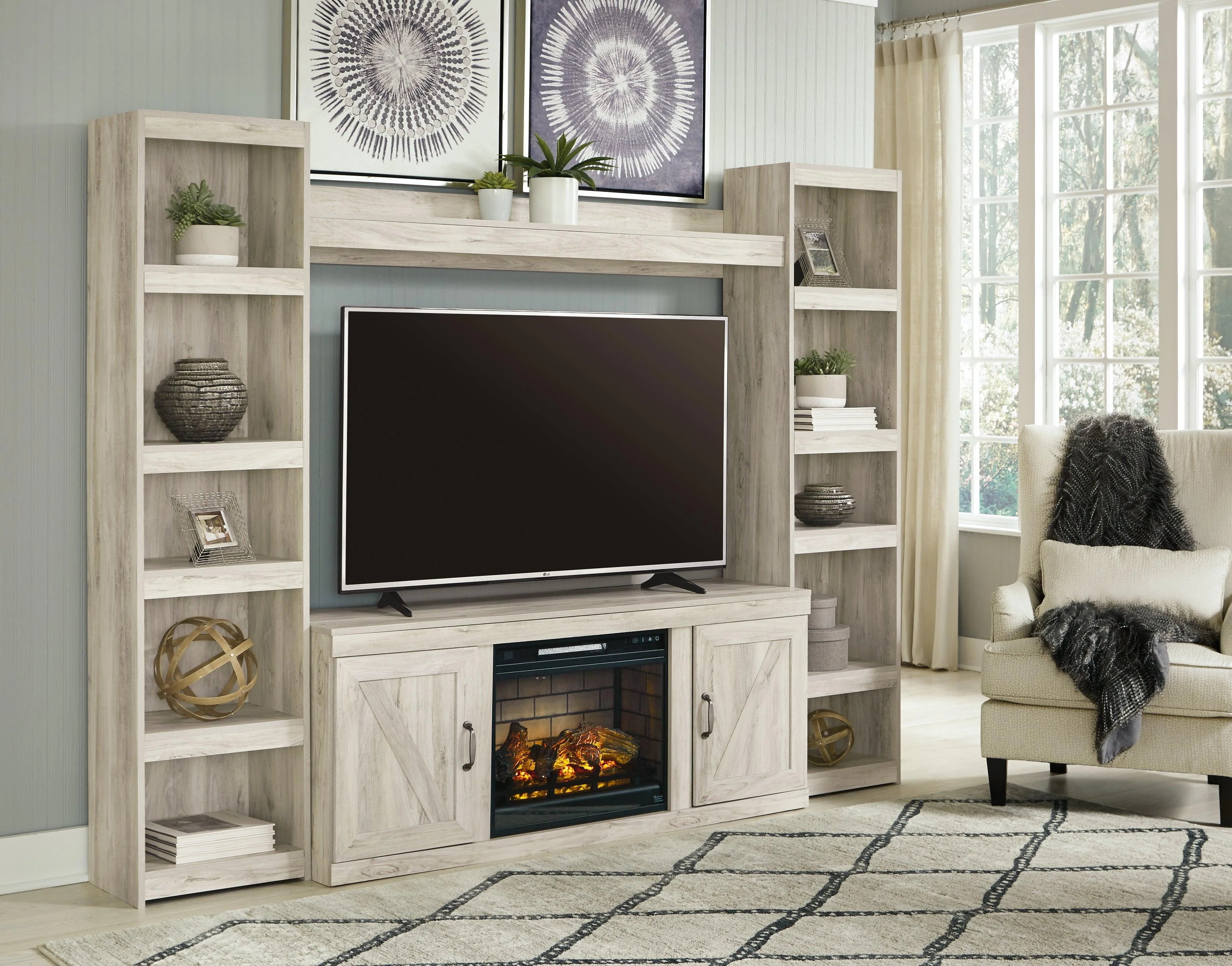 Bellaby Whitewash 4-Piece Entertainment Center With Electric Fireplace - Image 2