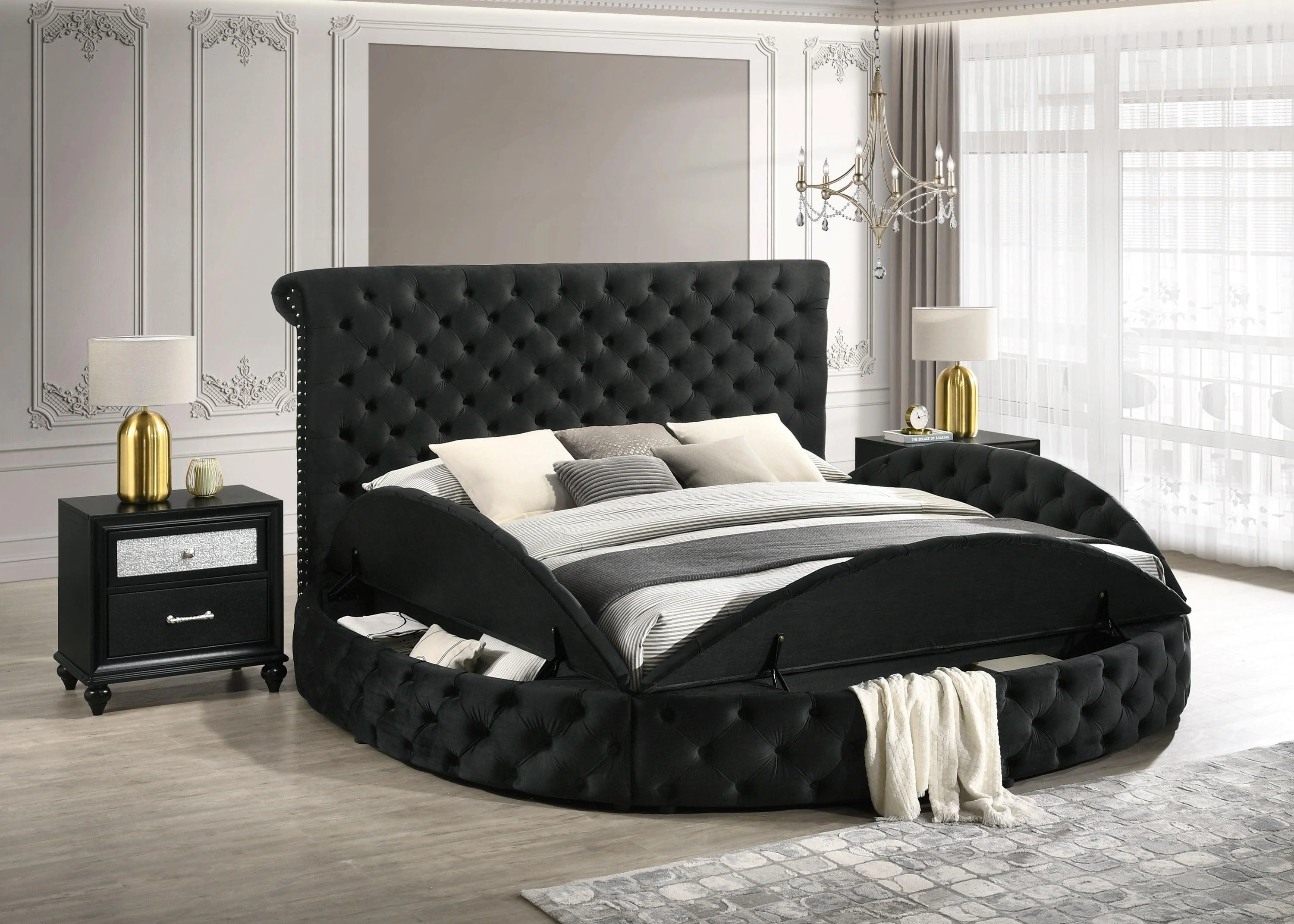 Brigitte Black Velvet Upholstered Tufted Storage Panel Queen Bed - Image 2