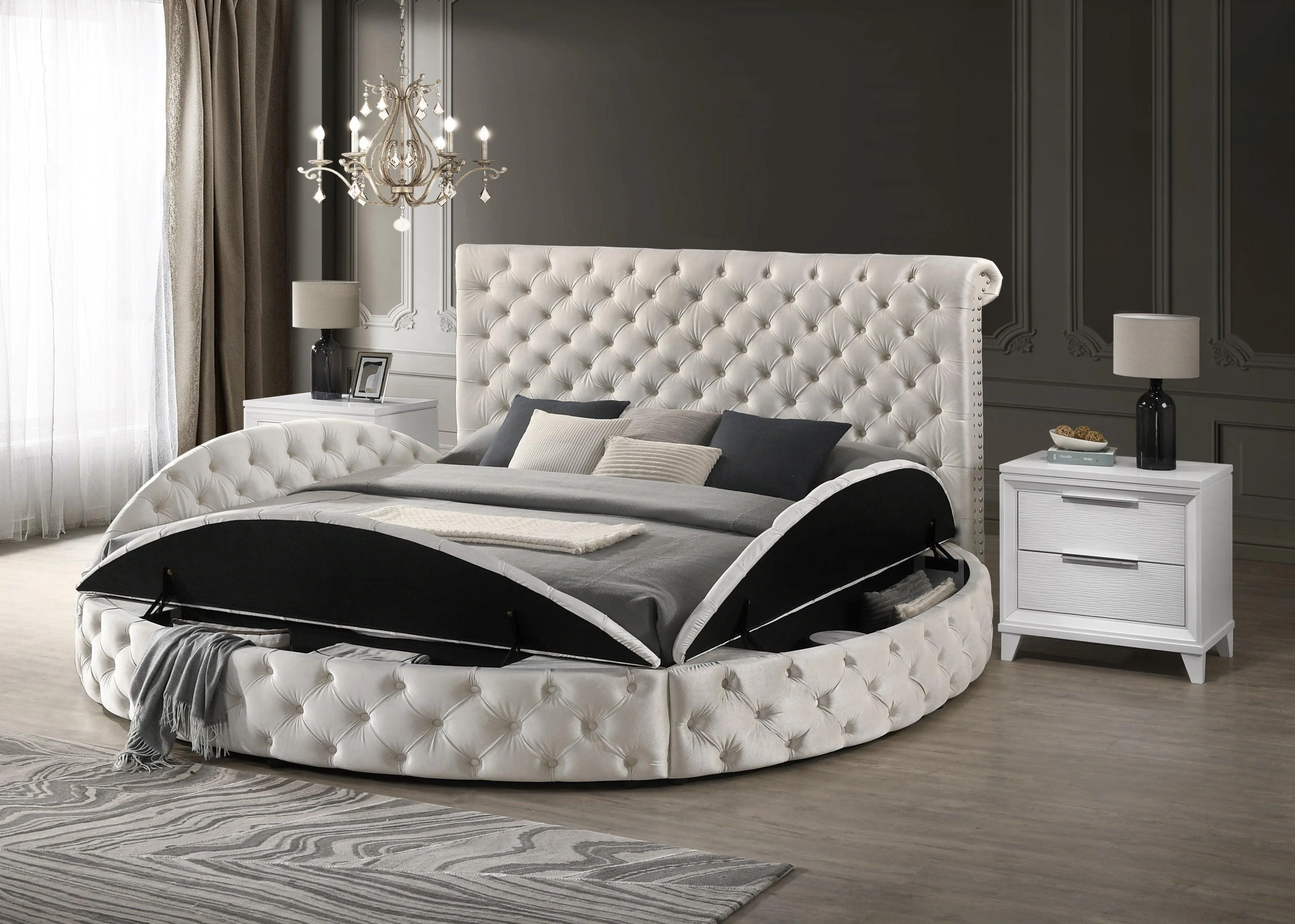 Brigitte Ivory Velvet Upholstered Tufted Storage Panel Queen Bed - Image 2