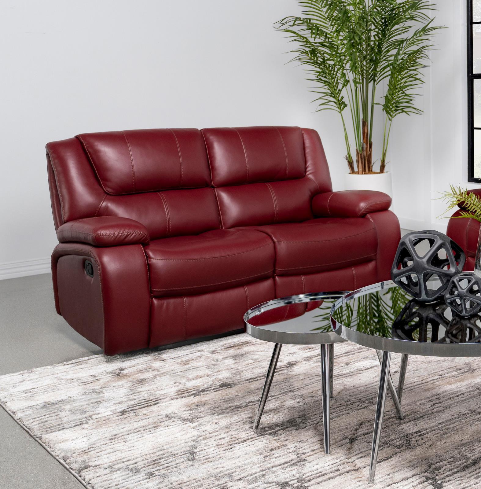 Camila Upholstered Motion Reclining Loveseat Red Faux Leather - Image 1