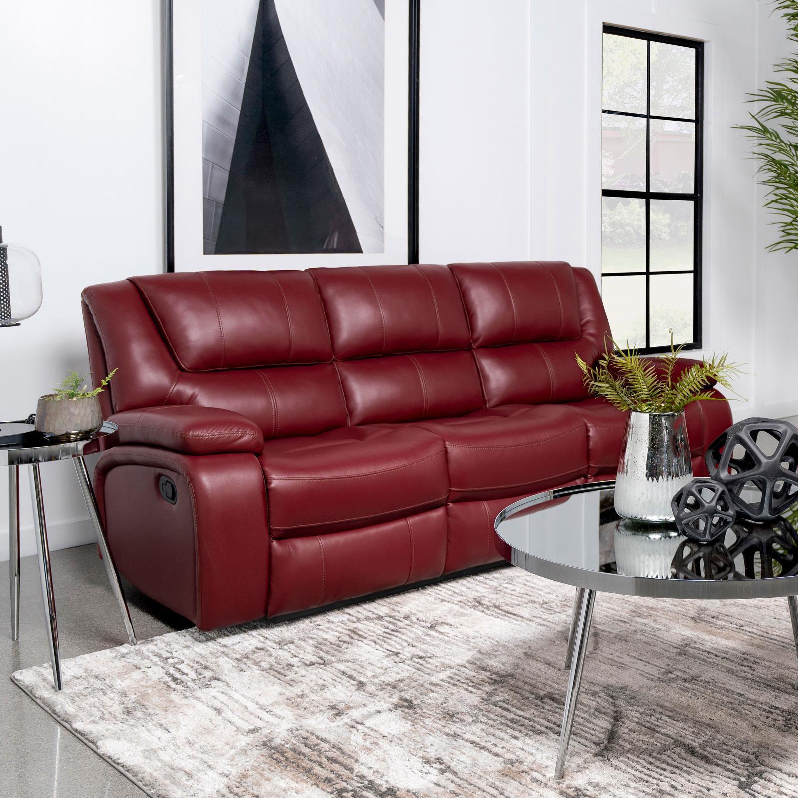 Camila Upholstered Motion Reclining Sofa Red Faux Leather - Image 1