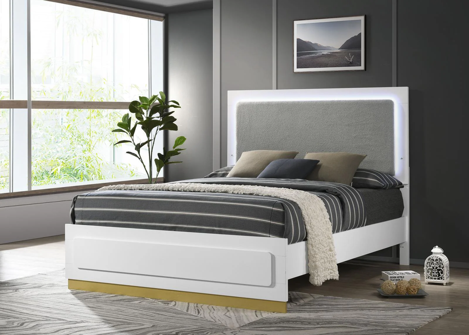 Caraway King Bed With LED Headboard White Grey - Image 1