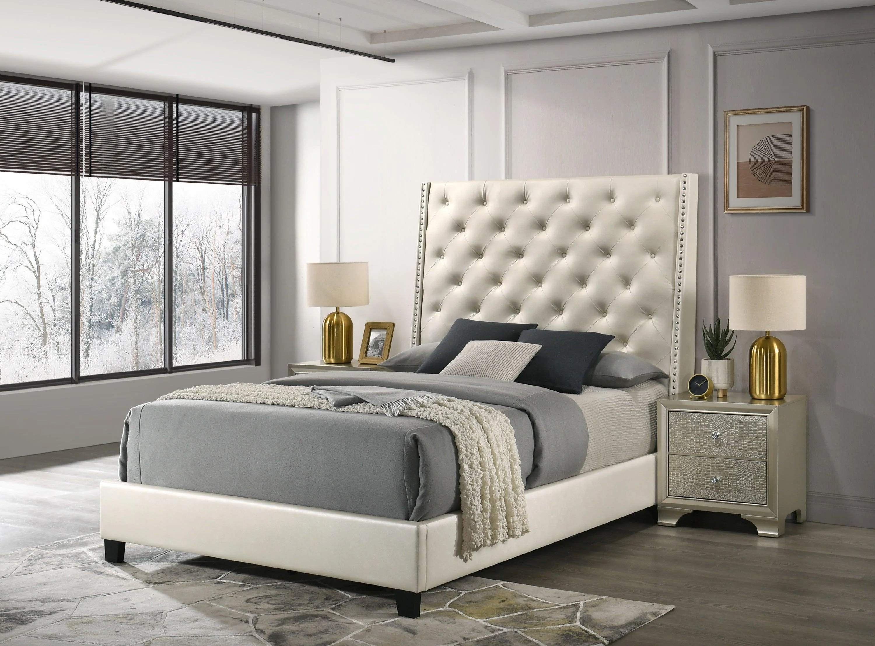 Chantilly Pearl Faux Leather Upholstered Tufted Panel King Bed - Image 2