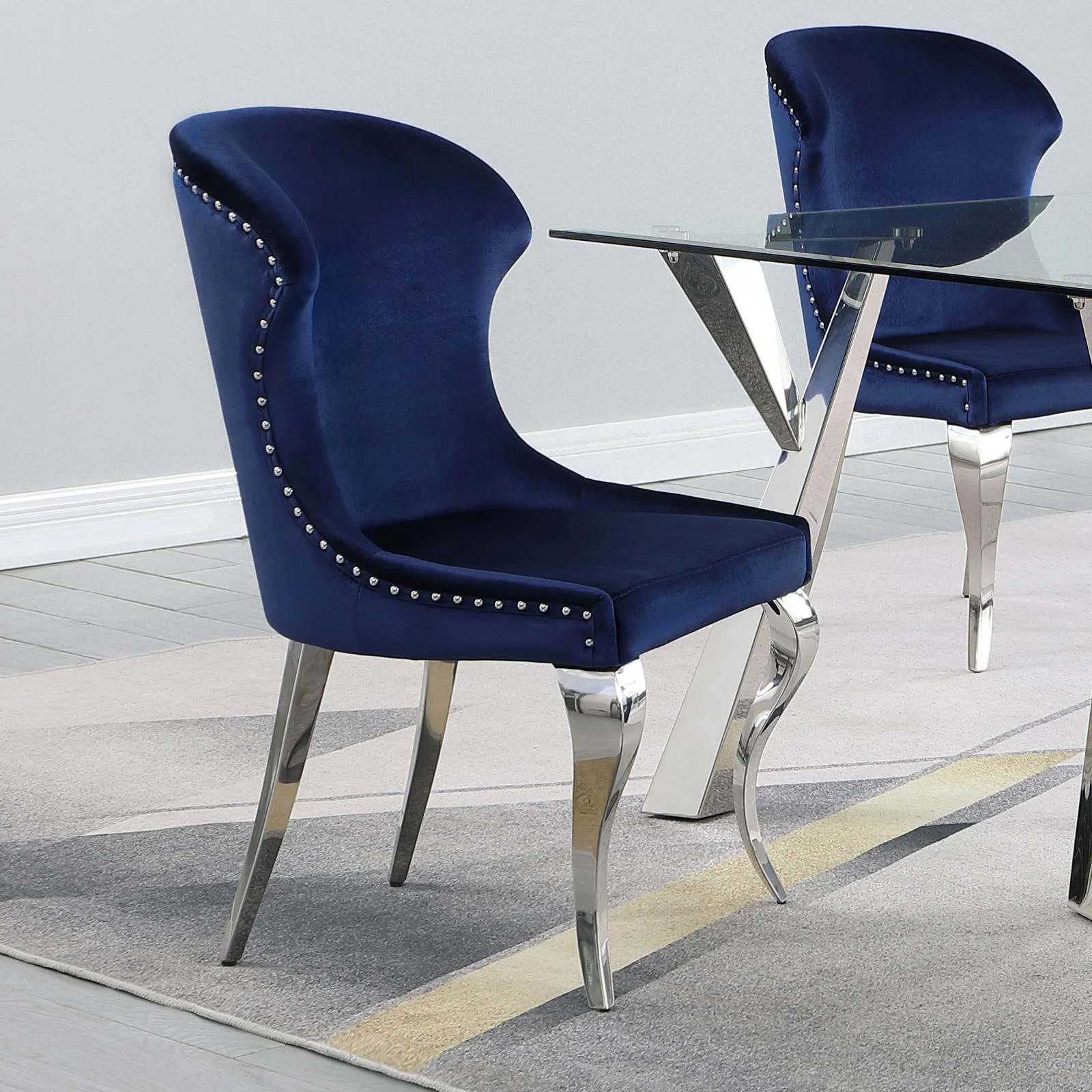 Cheyanne Upholstered Wingback Side Chair With Nailhead Trim Chrome Ink Blue (Set of 2) - Image 2