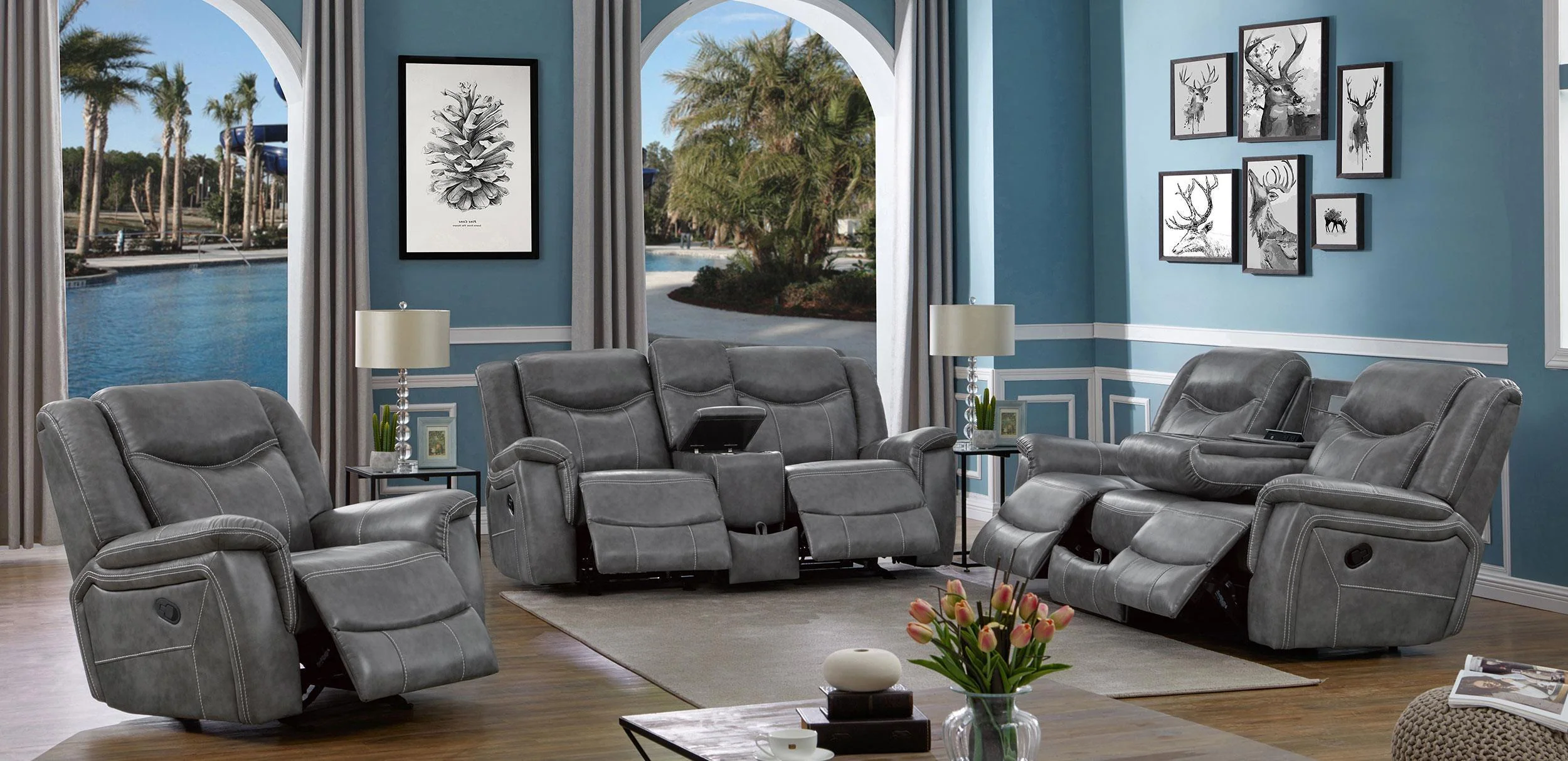 Conrad 3-Piece Upholstered Padded Arm Motion Sofa Set Grey - Image 2