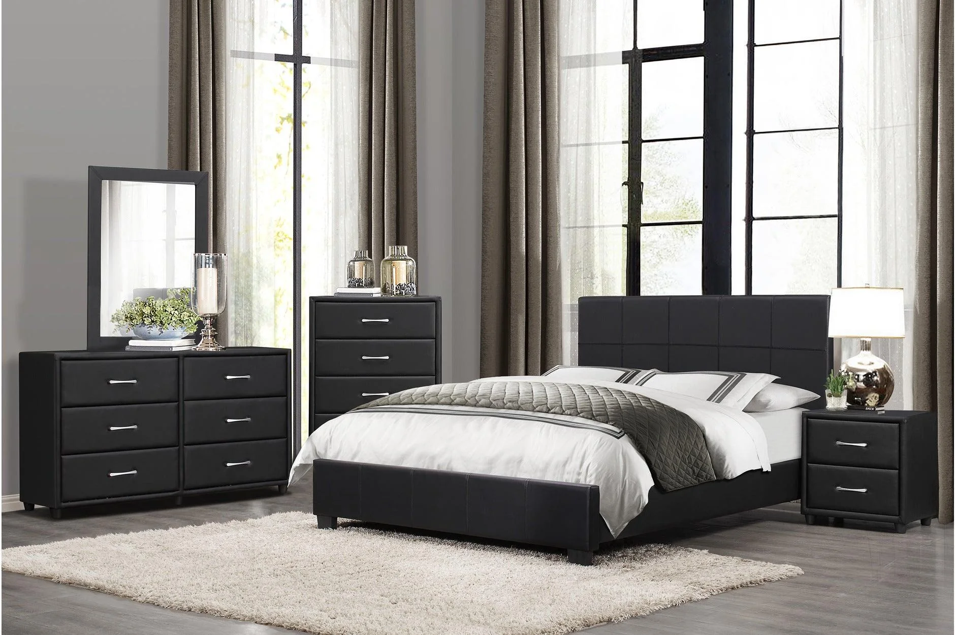 Lorenzi Black Faux Leather Panel Bedroom Set - Image 1