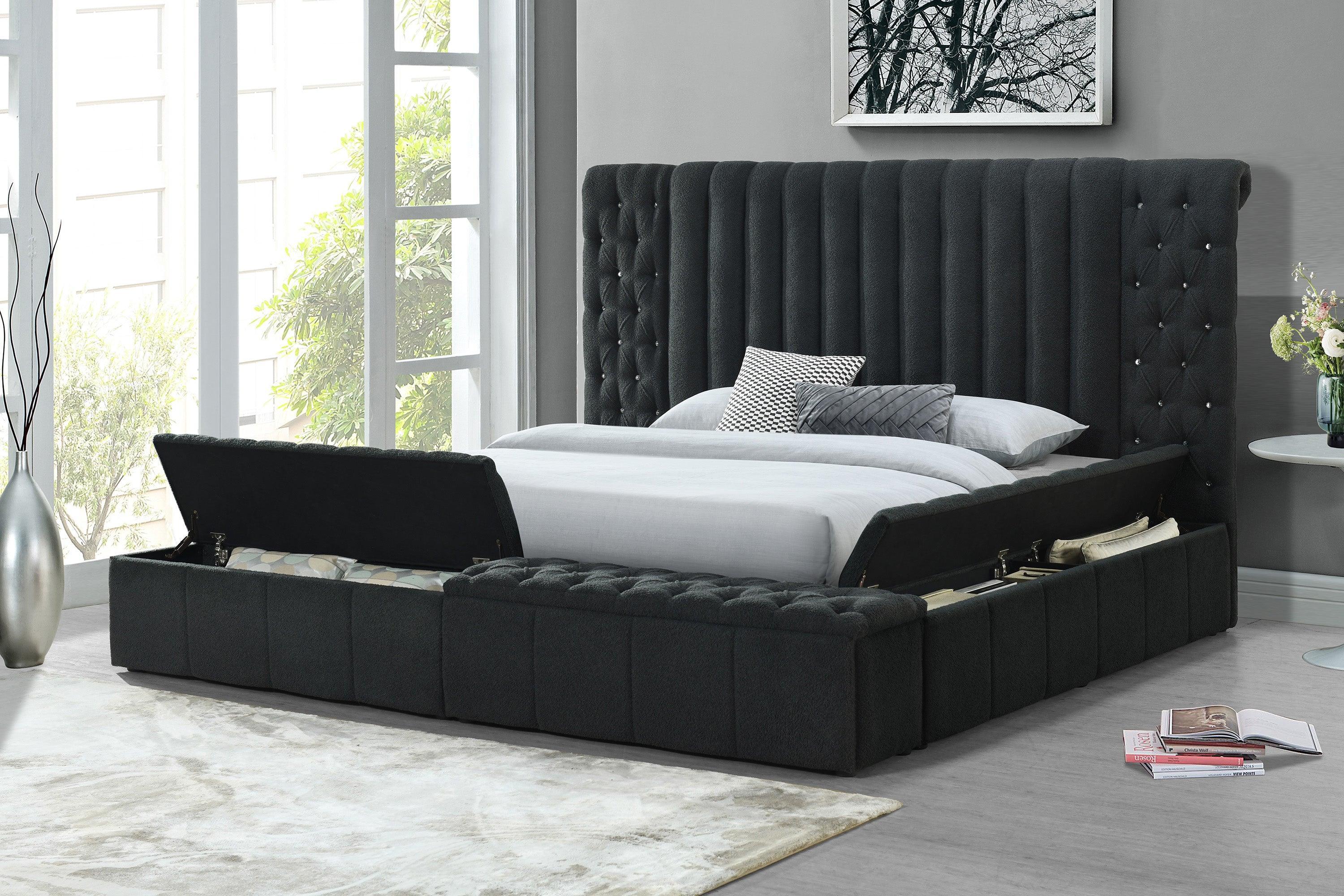 Danbury Charcoal Velvet Fabric Upholstered Tufted Storage Panel Queen Bed - Image 3