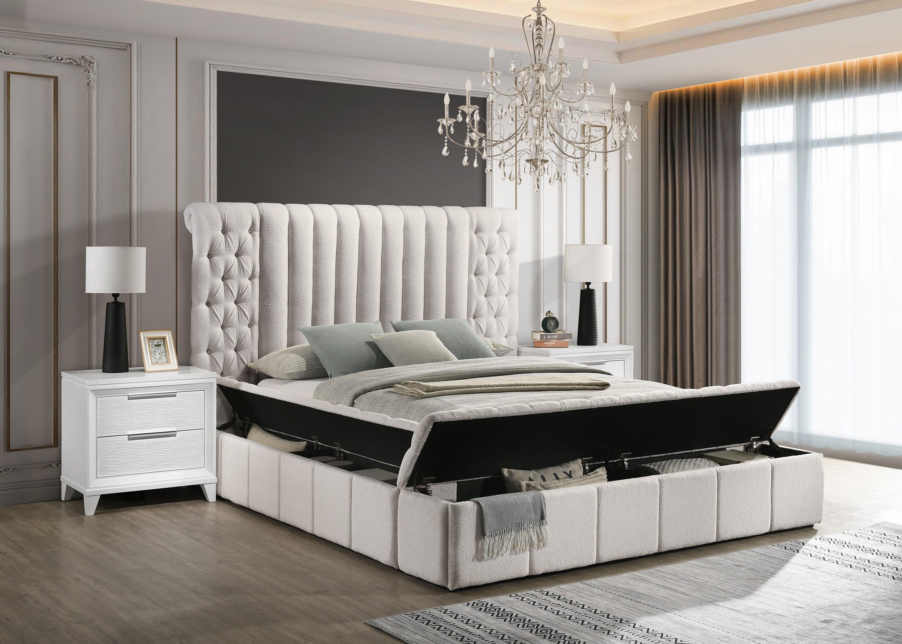 Danbury White Velvet Fabric Upholstered Tufted Storage Panel Queen Bed - Image 3