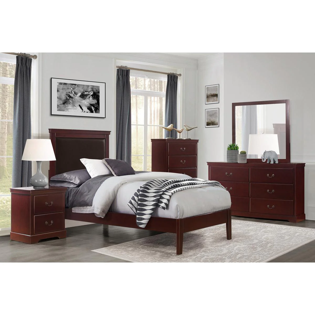 Seabright Cherry Faux Leather Panel Twin Bed - Image 3