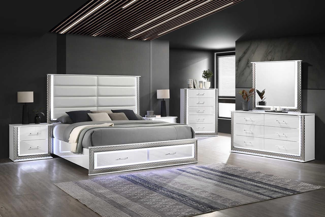 Dina White LED Upholstered Storage Platform Bedroom Set - Image 1