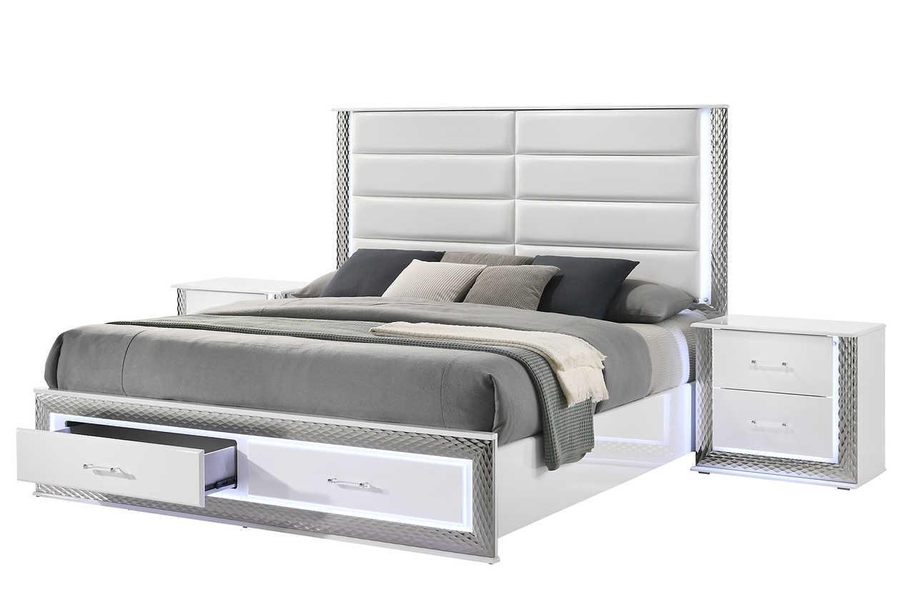 Dina White LED Upholstered Storage Platform Bedroom Set - Image 3