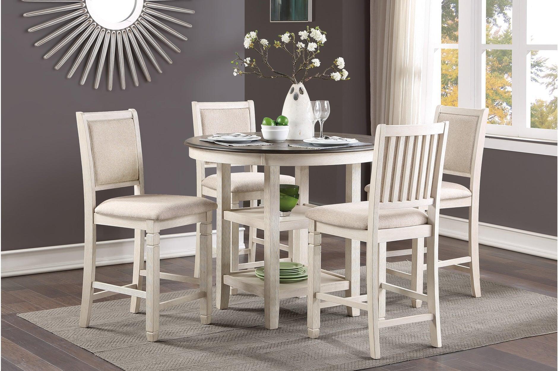 Asher Antique White Light Brown Fabric Round Counter Height Set