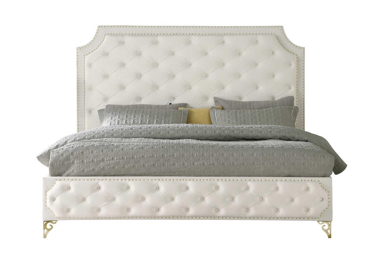 Leilah Cream Velvet Upholstered Tufted Platform King Bed - Image 3
