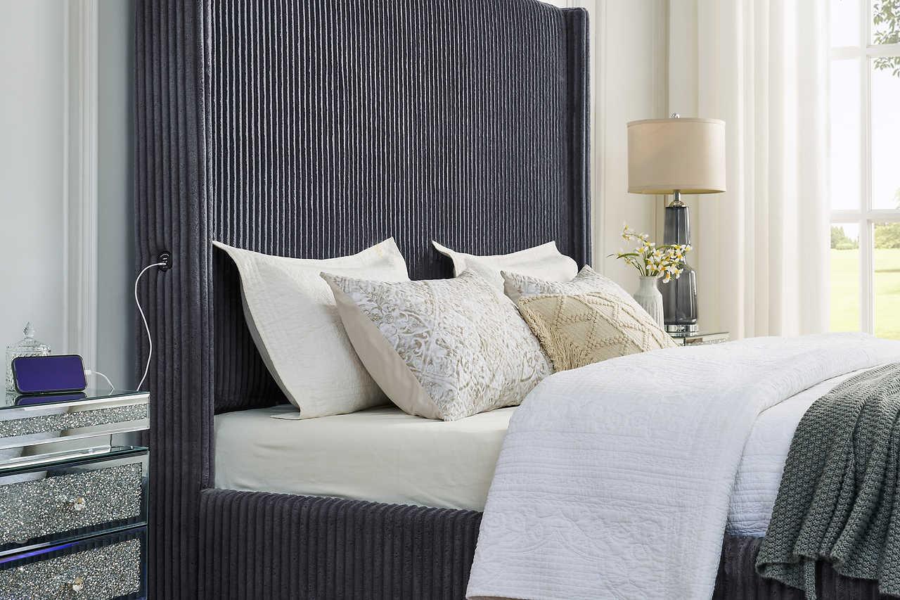 Belinda Grey LED Upholstered Platform Queen Bed - Image 3