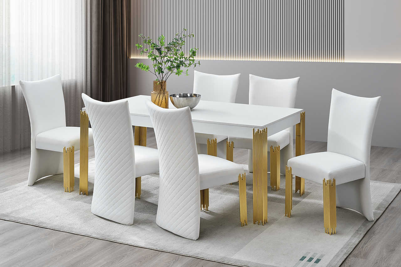 Glamor White Gold Velvet Dining Room Set - Image 1