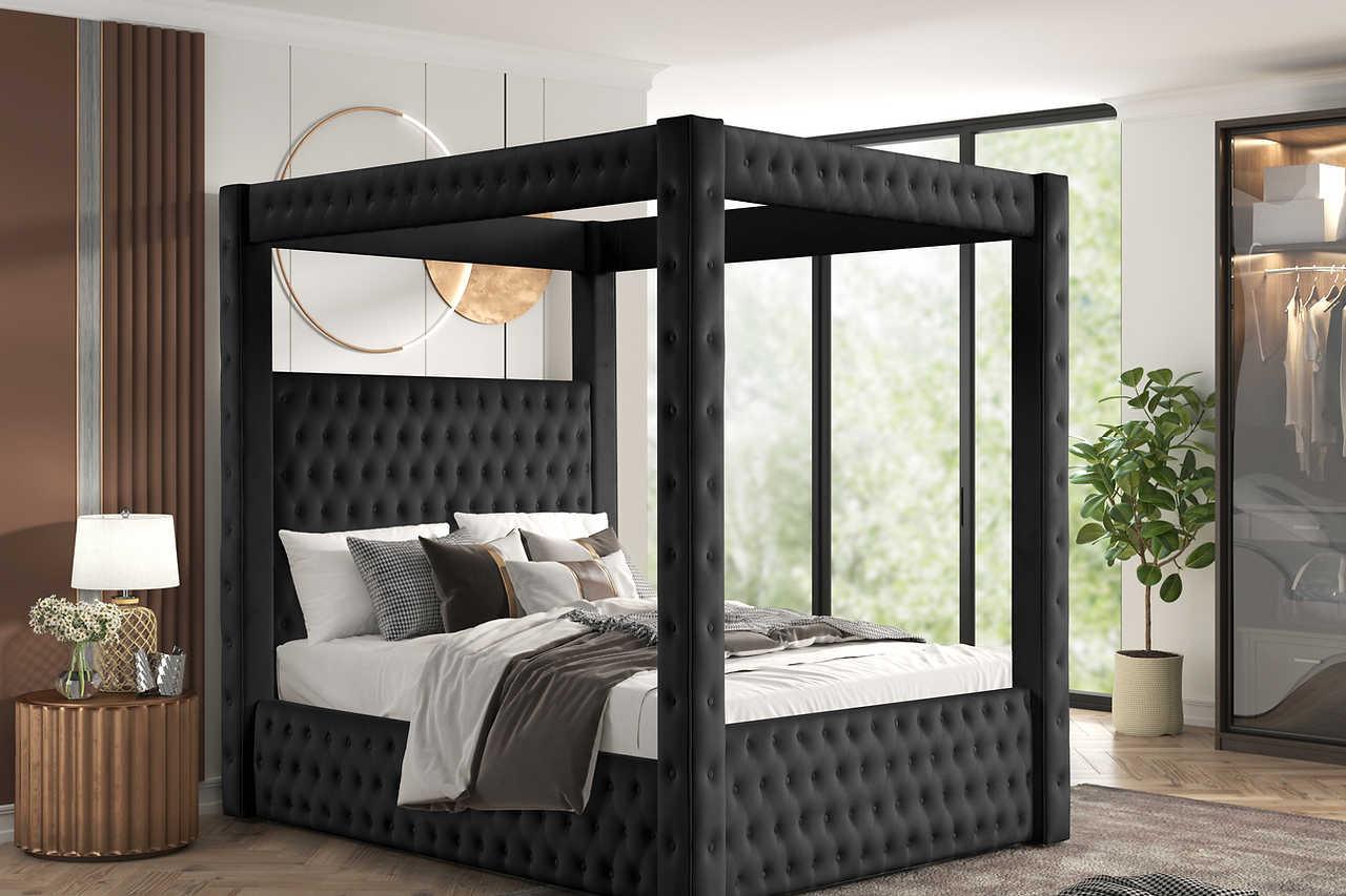 Mansion Black Upholstered Tufted Canopy Platform Queen Bed - Image 1